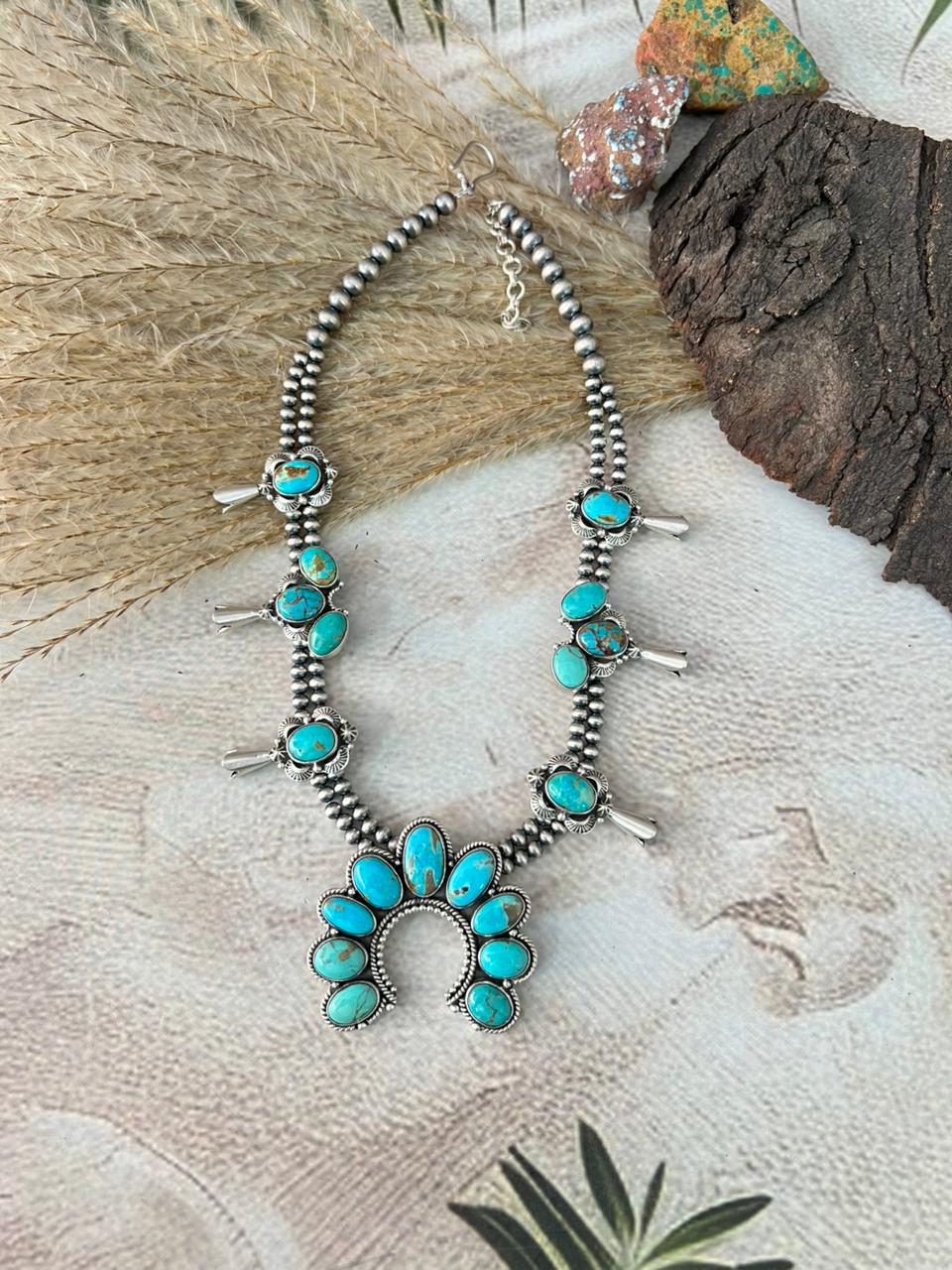 Handmade Sterling Silver Santa Maria Turquoise Squash Blossom Beaded Necklace "Signed Nizhoni"