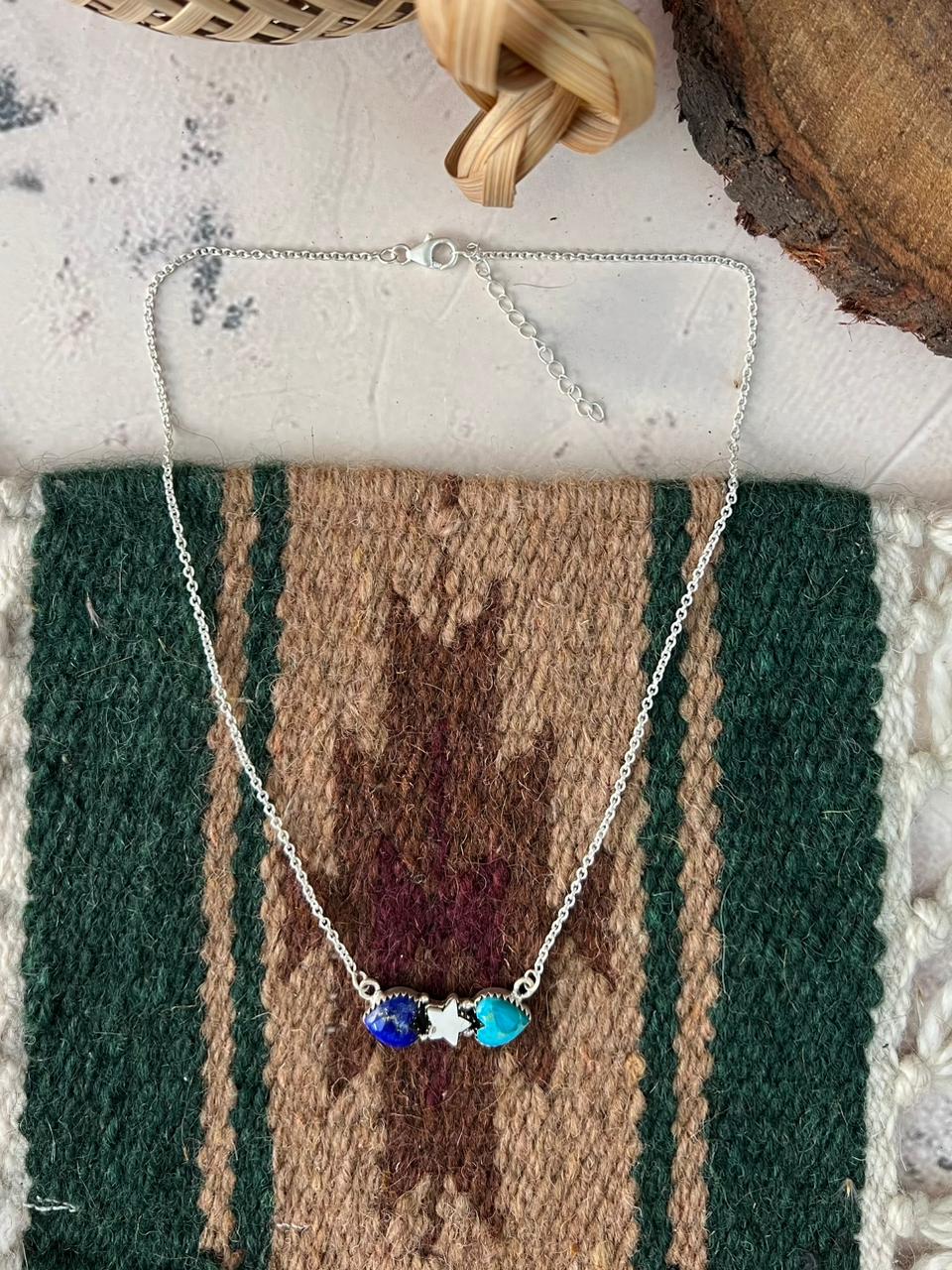 Handmade Sterling Silver Lapis with White Buffalo and Kingman Turquoise Necklace Signed Nizhoni