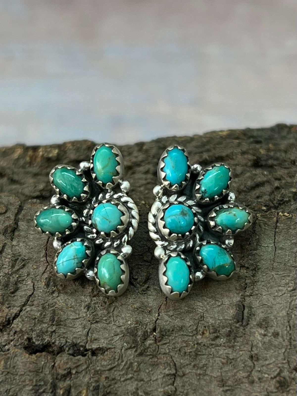 Handmade Sterling Silver Kingman Turquoise Post Studs Earrings "Signed Nizhoni"