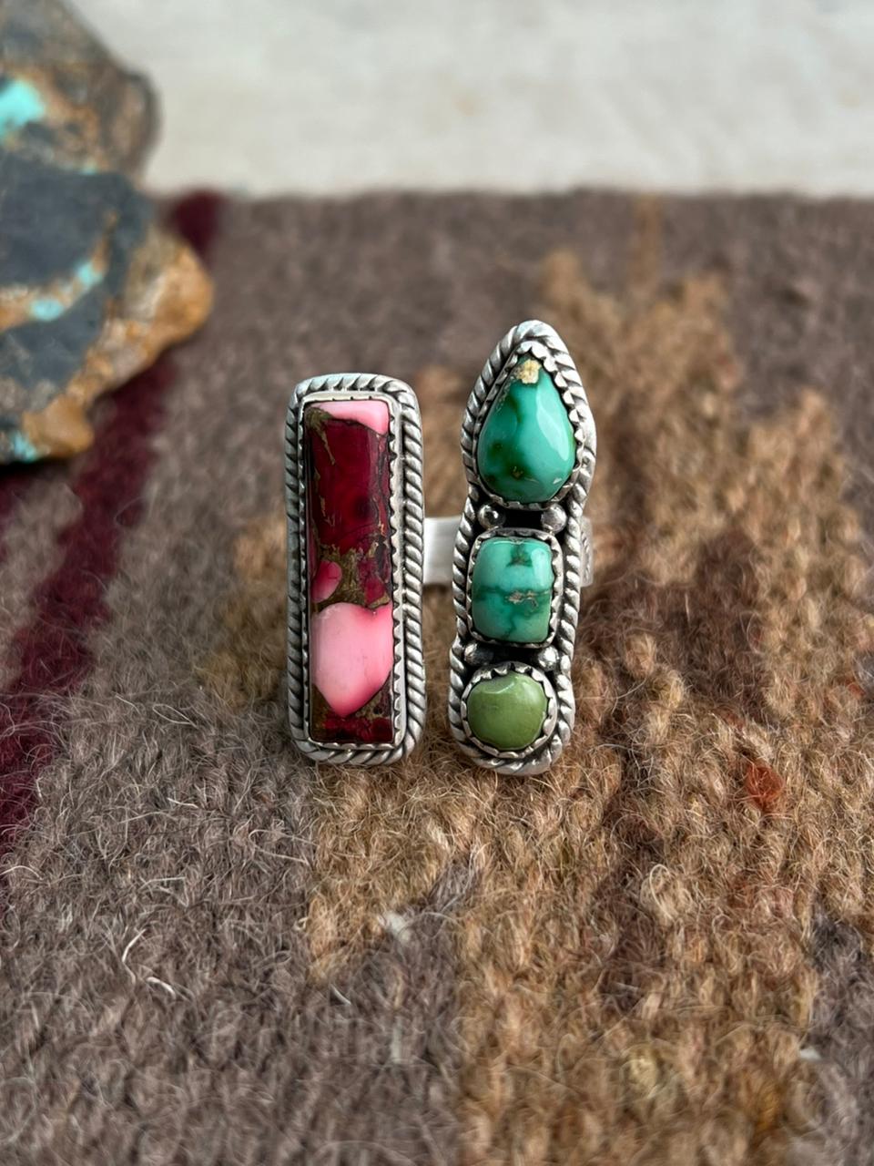 Handmade Sterling Silver Dahlia Rose With Emerald Valley Turquoise Ring "Signed Nizhoni"