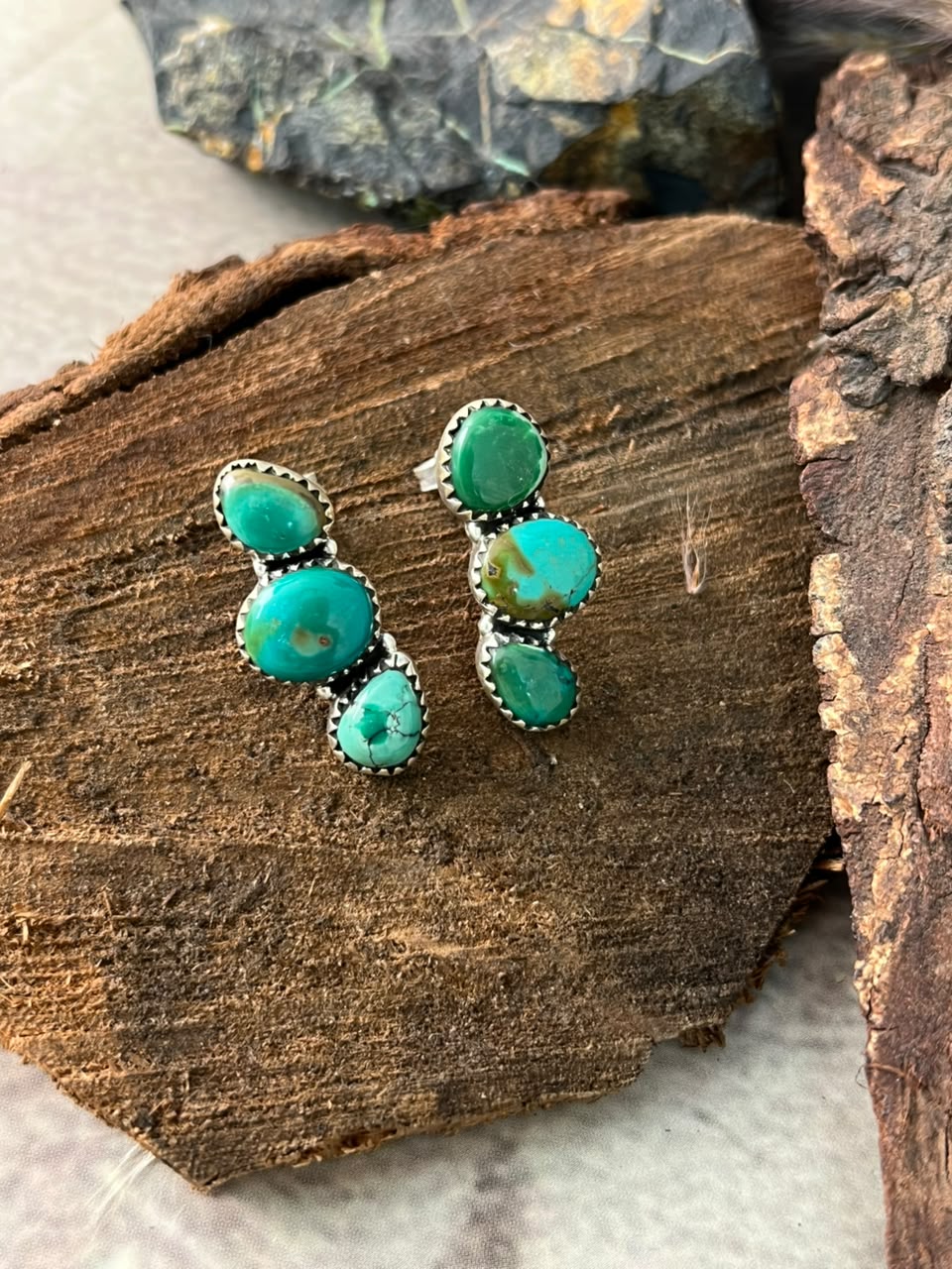 Handmade Sterling Silver Kingman Turquoise Post Studs Earrings Signed Nizhoni