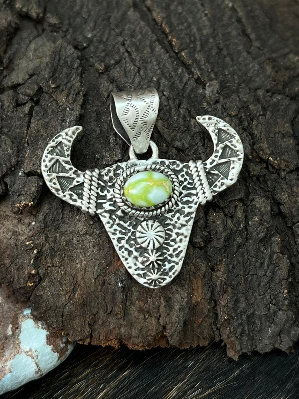 Handmade Sterling Silver Palomino Turquoise Bull Pendant "Signed Nizhoni" (6)