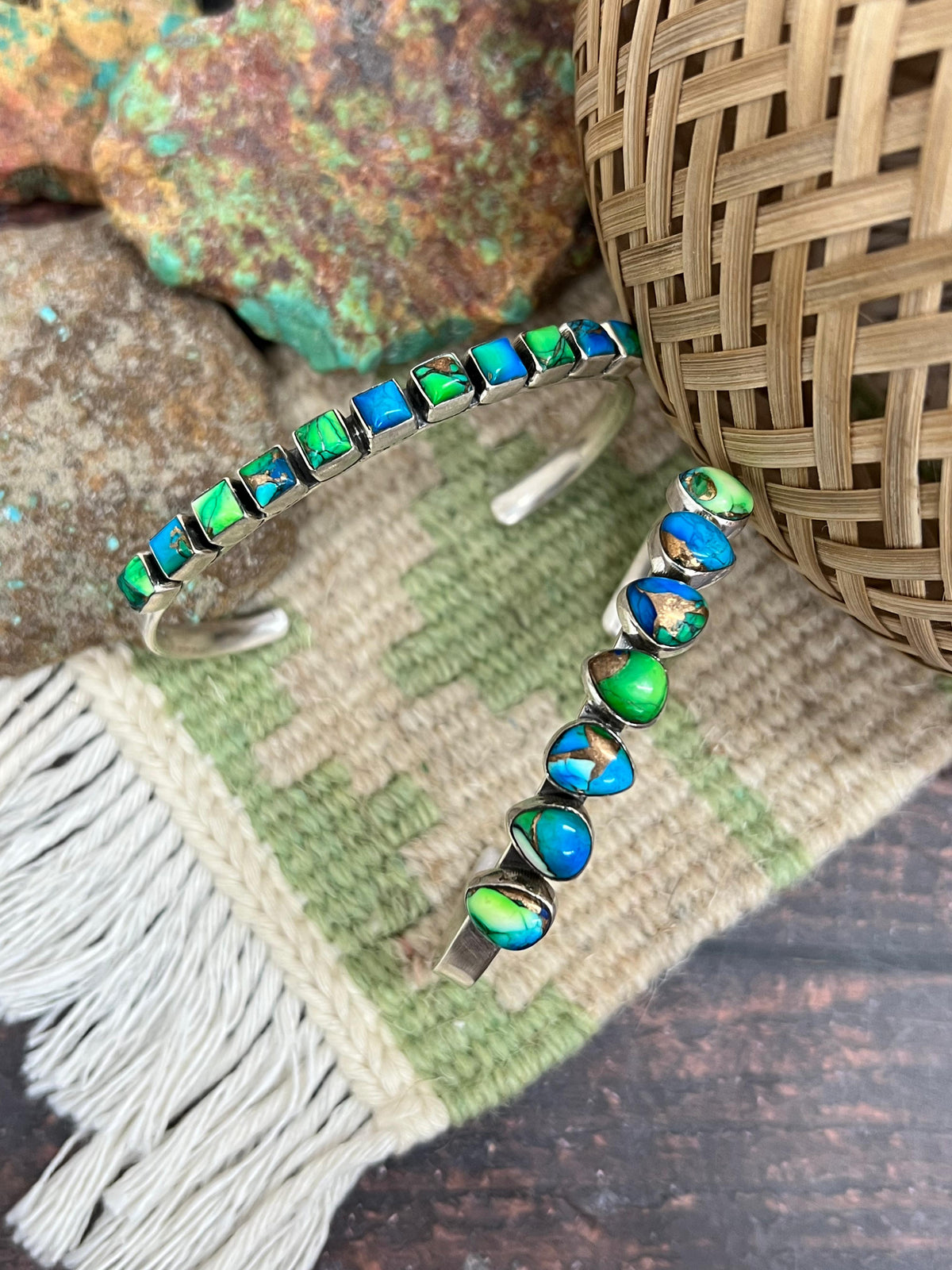 Handmade Sterling Silver Peacock Dahlia Cuff Bracelet with Signed Nizhoni