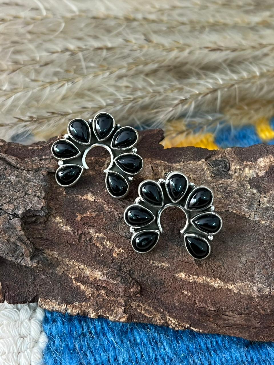 Handmade Sterling Silver Black Onyx Naja Post Studs Earrings "Signed Nizhoni"