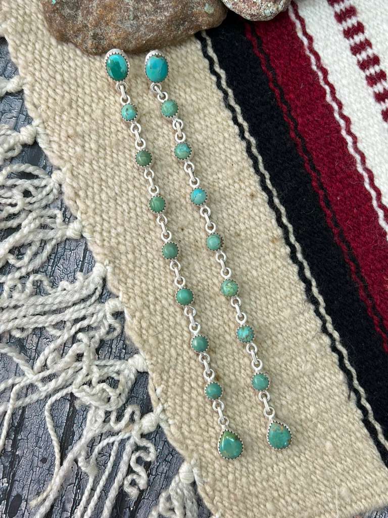 Handmade Sterling Silver Kingman Turquoise Post Dangle Earrings with Signed Nizhoni