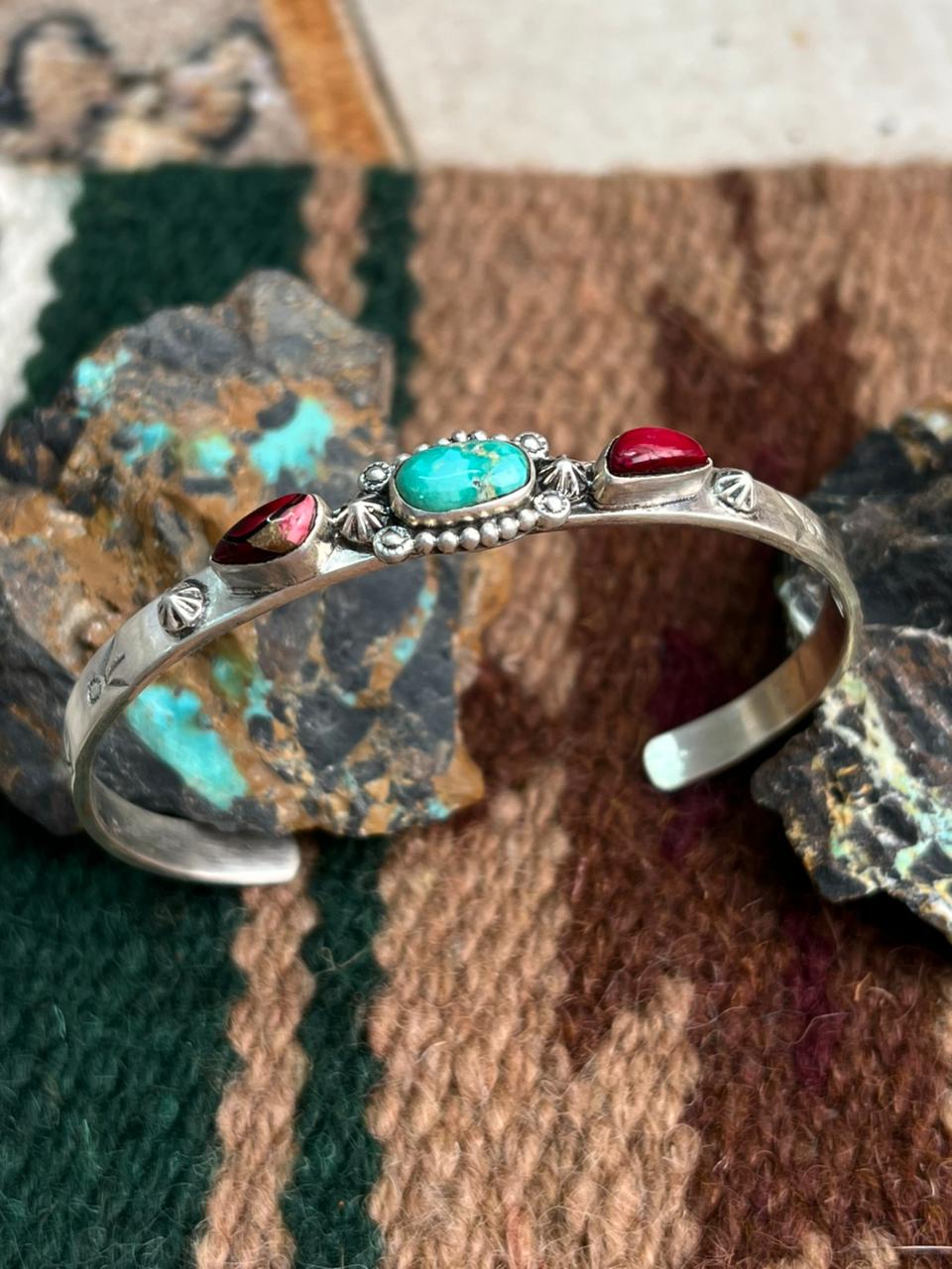 Handmade Sterling Silver Dahlia Rose with Emerald Valley Turquoise Cuff Bracelet "Signed Nizhoni"