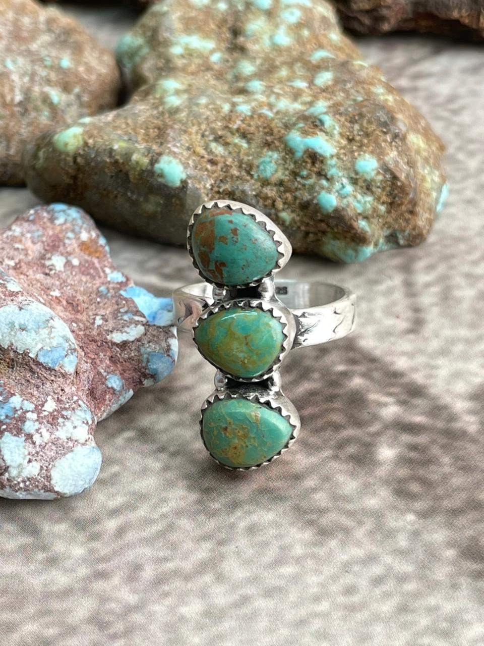 Handmade Sterling Silver Kingman Turquoise Adjustable Ring with Signed Nizhoni