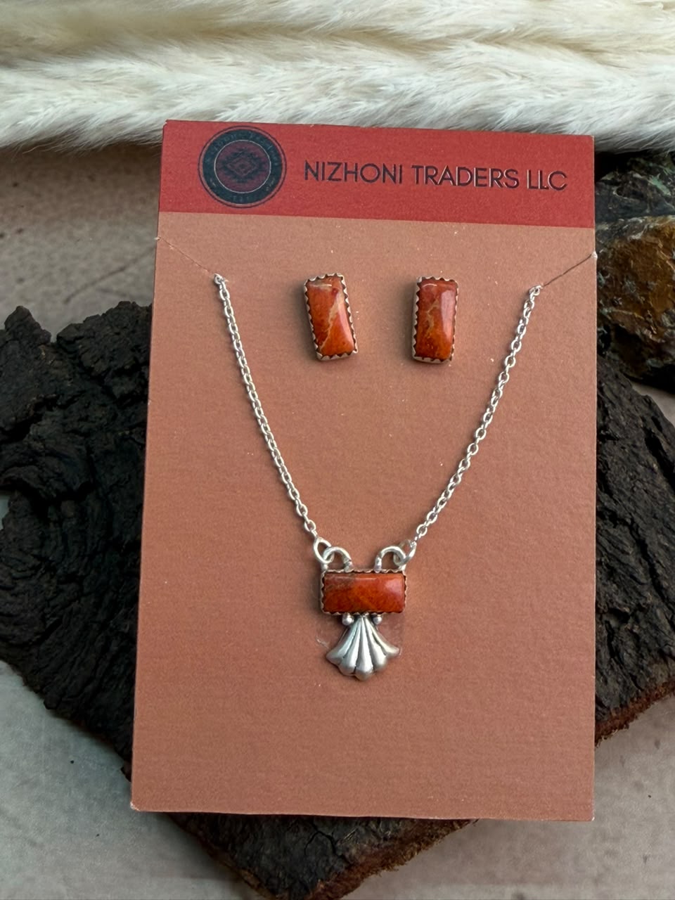 Handmade Sterling Silver Orange Mojave Necklace and Earrings Set Card