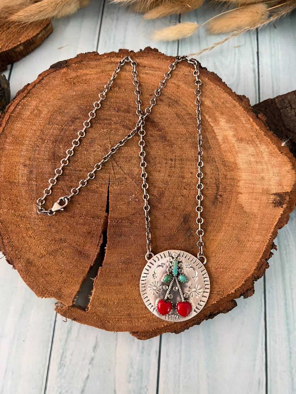 Handmade Sterling Silver Kingman Turquoise with Rosarita Cherry Necklace Signed Nizhoni (5)