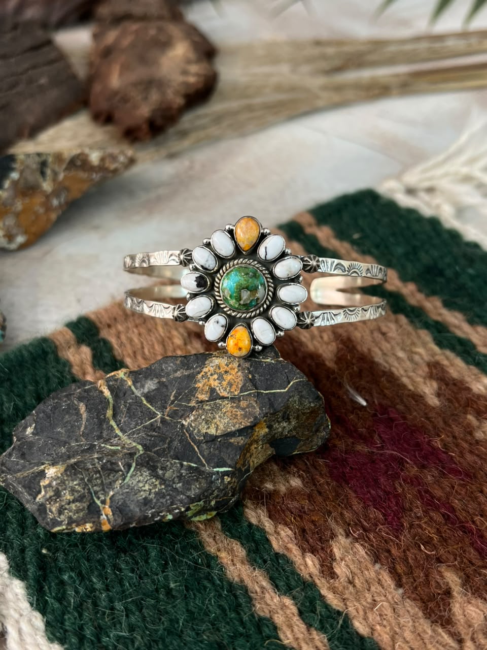 Handmade Sterling Silver Sonoran Mountain Turquoise with Bumblebee and White Buffalo Spring Collection: Cuff Bracelet Signed Nizhoni