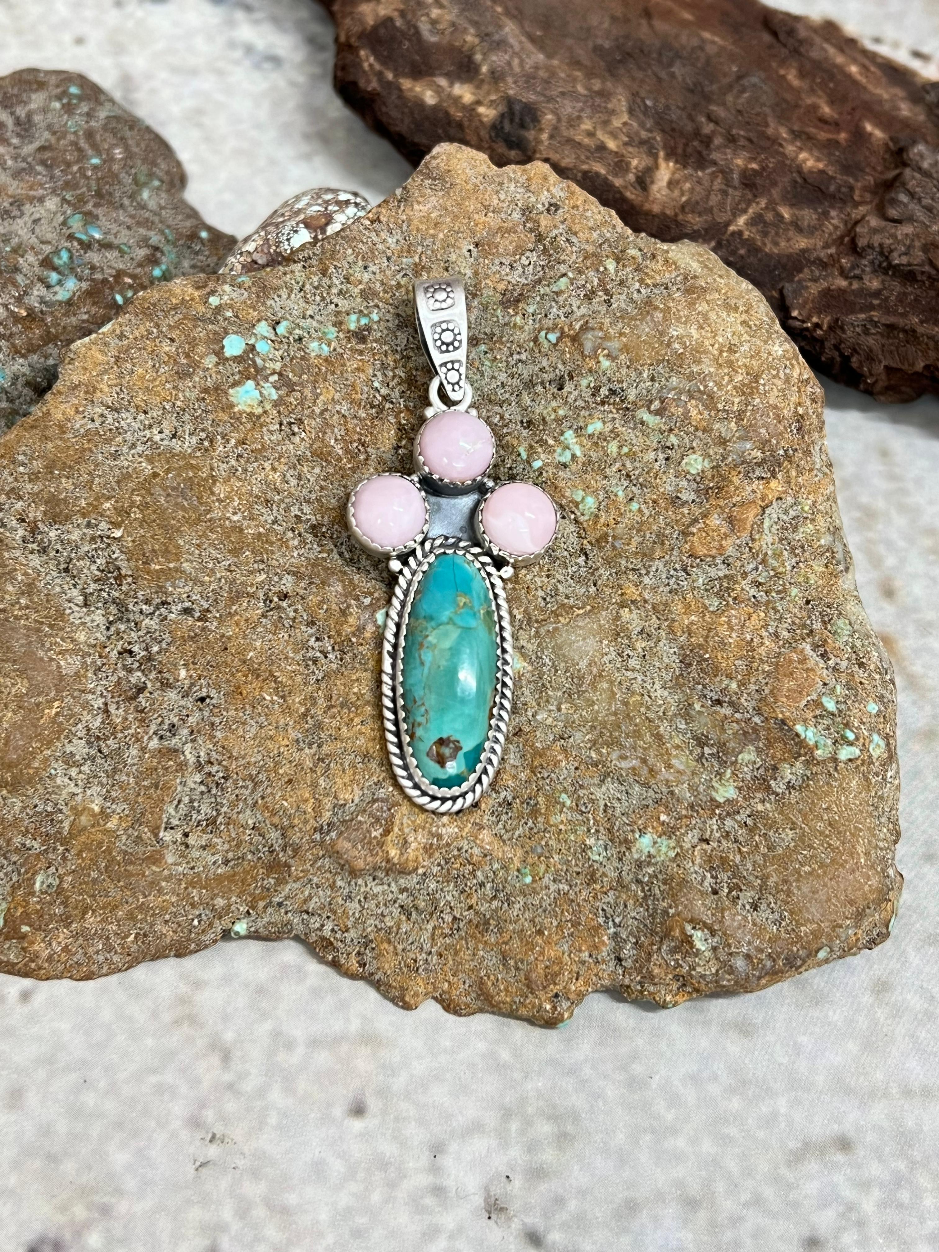 Handmade Sterling Silver Kingman with Pink Opal Pendant Signed Nizhoni