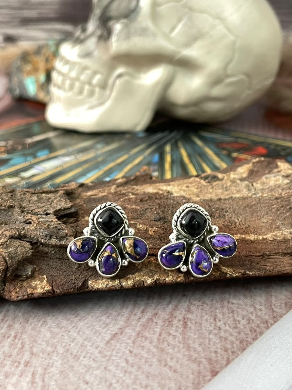 Handmade Sterling Silver Grape Dahlia with Black Onyx Halloween Collection: Post Studs Earrings Signed Nizhoni
