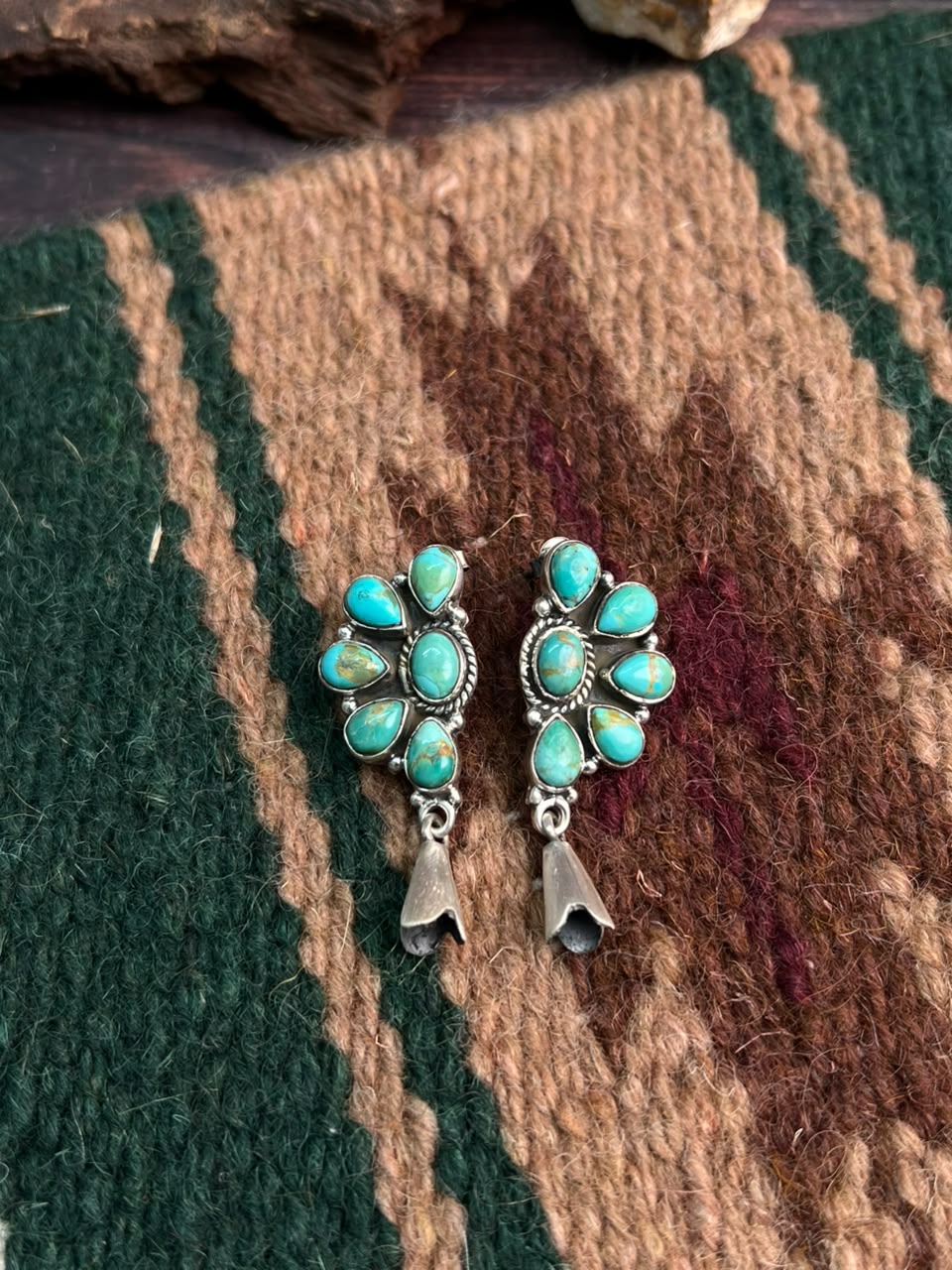 Handmade Sterling Silver Kingman Turquoise Post Squash Blossom Dangle Earrings Signed Nizhoni
