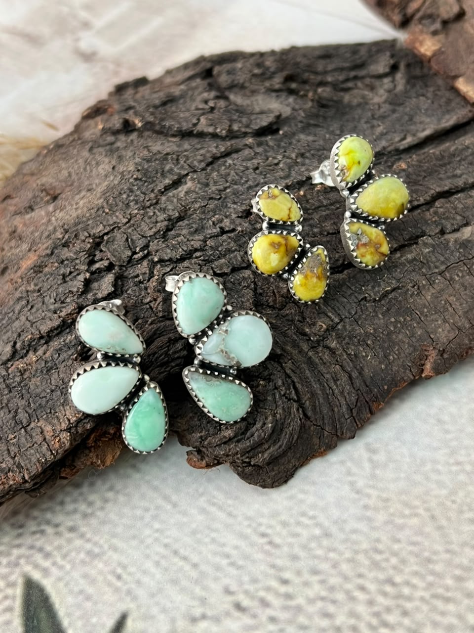 Handmade Sterling Silver Paloma and Palomino Turquoise Post Studs Earrings Signed Nizhoni