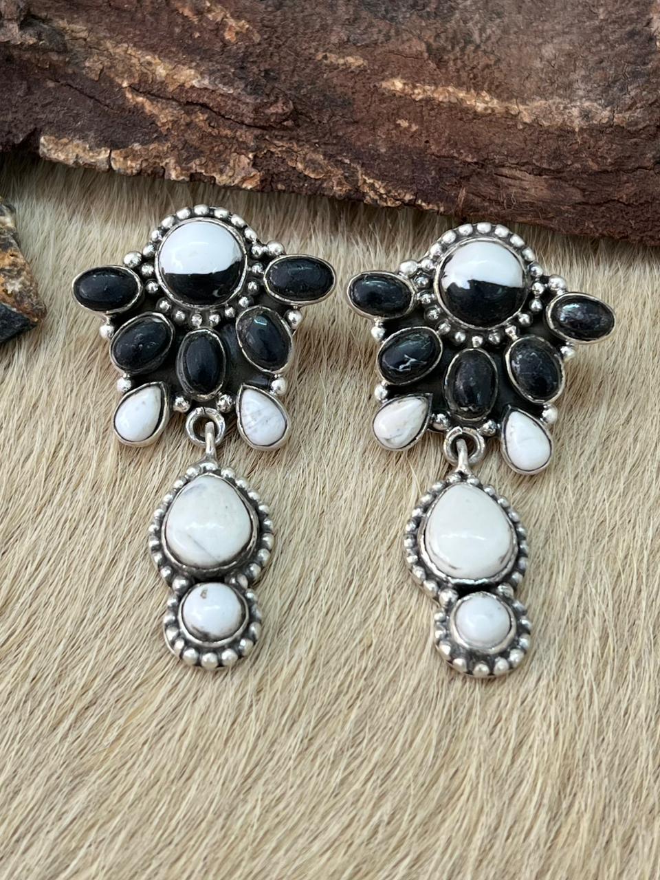 Handmade Sterling Silver White Buffalo Post Dangle Earrings "Signed Nizhoni"