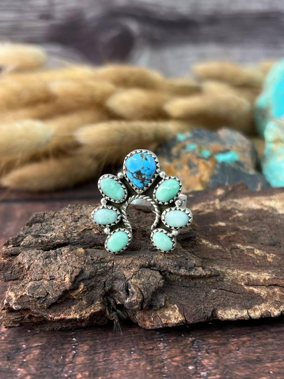 Handmade Sterling Silver Paloma with Golden Hills Turquoise Naja Adjustable Ring Signed Nizhoni (9)
