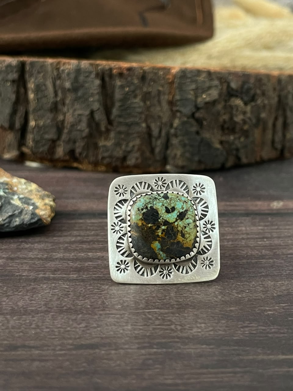 Handmade Sterling Silver Blackjack Turquoise Adjustable Ring Signed Nizhoni