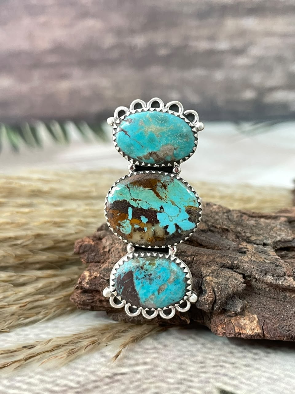 Handmade Sterling Silver Manassa Turquoise Adjustable Ring Signed Nizhoni