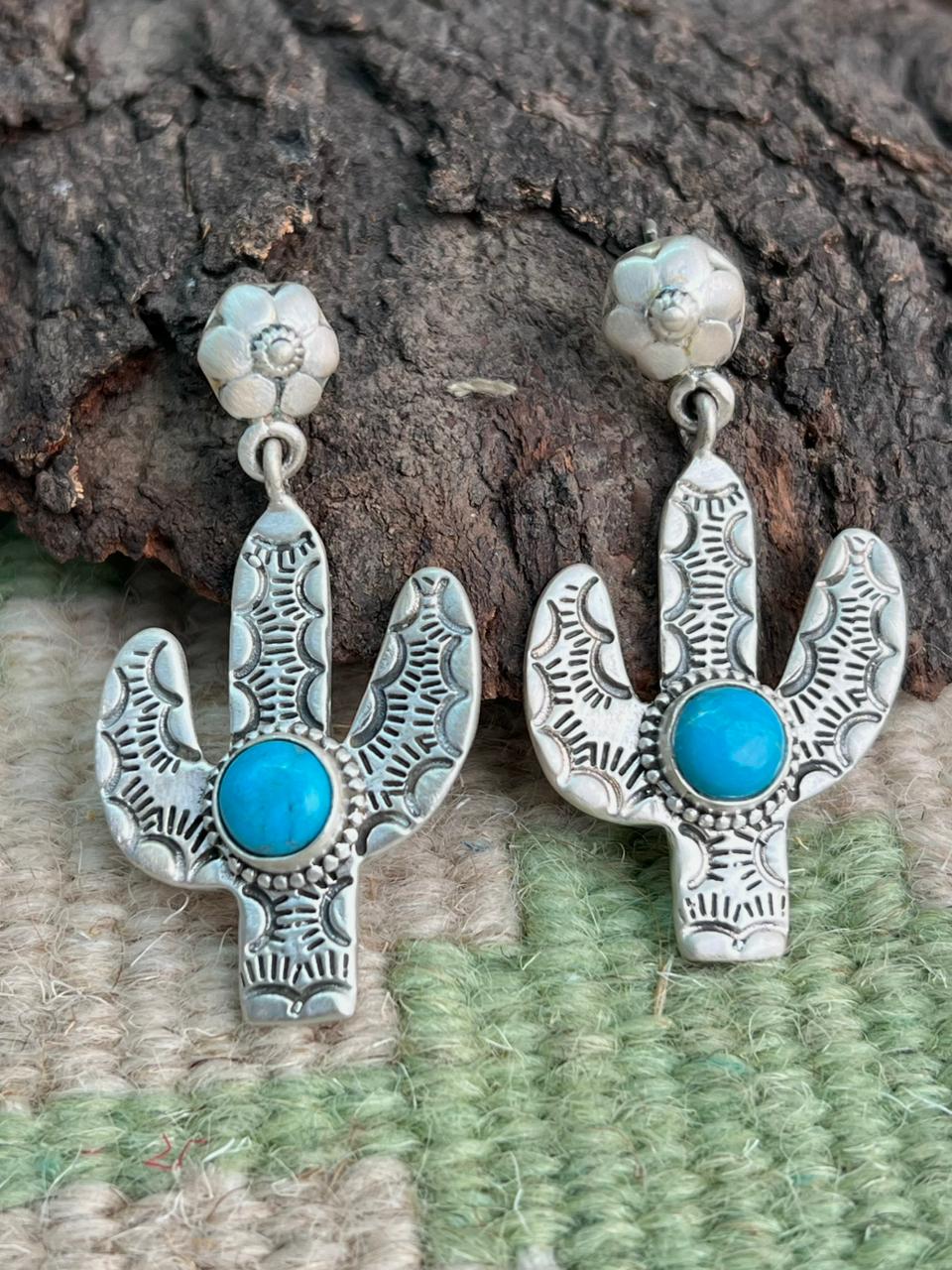 Handmade Sterling Silver Kingman Turquoise Post Dangle Cactus Earrings "Signed Nizhoni"