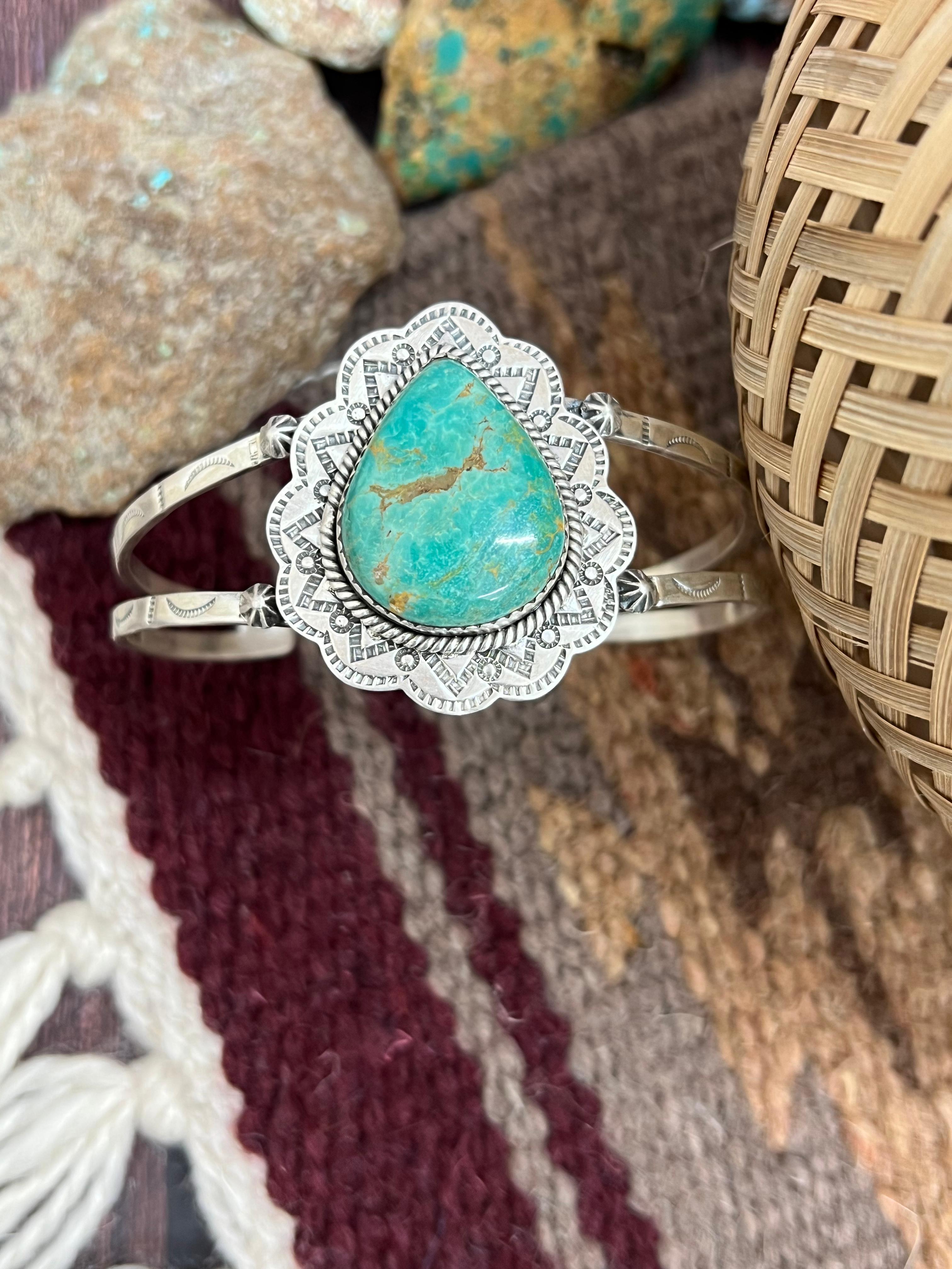 Handmade Sterling Silver Royston Turquoise Cuff Bracelet with Signed Nizhoni