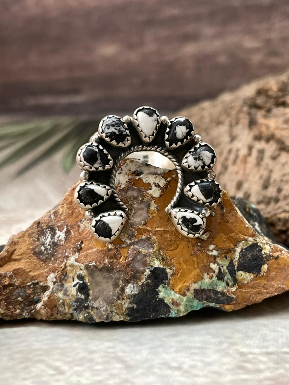 Handmade Sterling Silver White Buffalo Adjustable Ring "Signed Nizhoni"