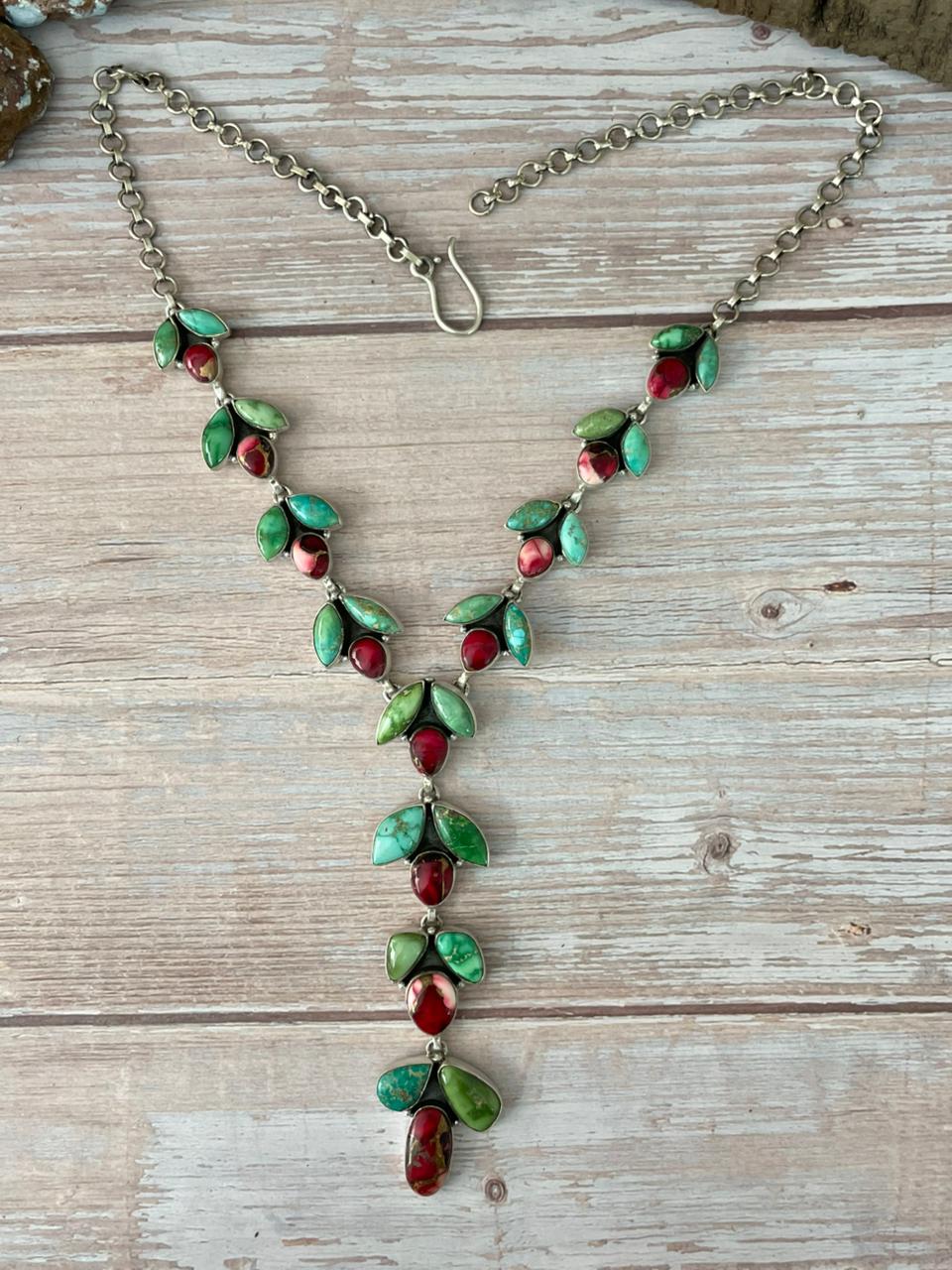 Handmade Sterling Silver Dahlia Rose with Emerald Valley Turquoise Necklace "Signed Nizhoni"