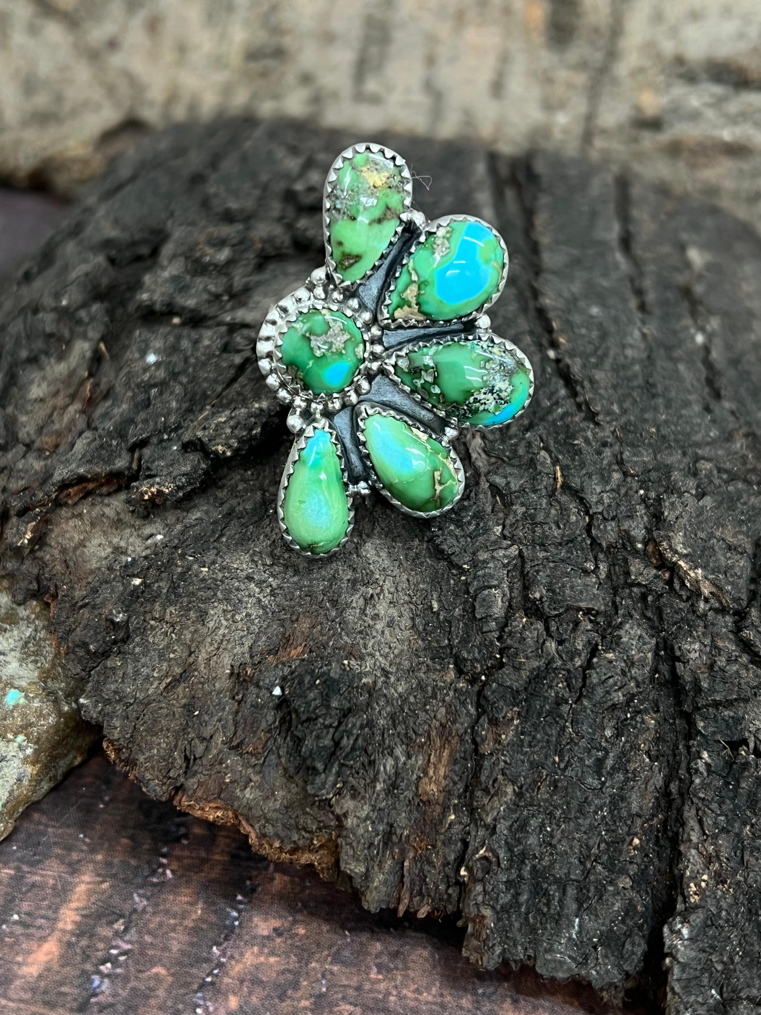 Handmade Sterling Silver Sonoran Mountain Turquoise Adjustable Ring with Signed Nizhoni