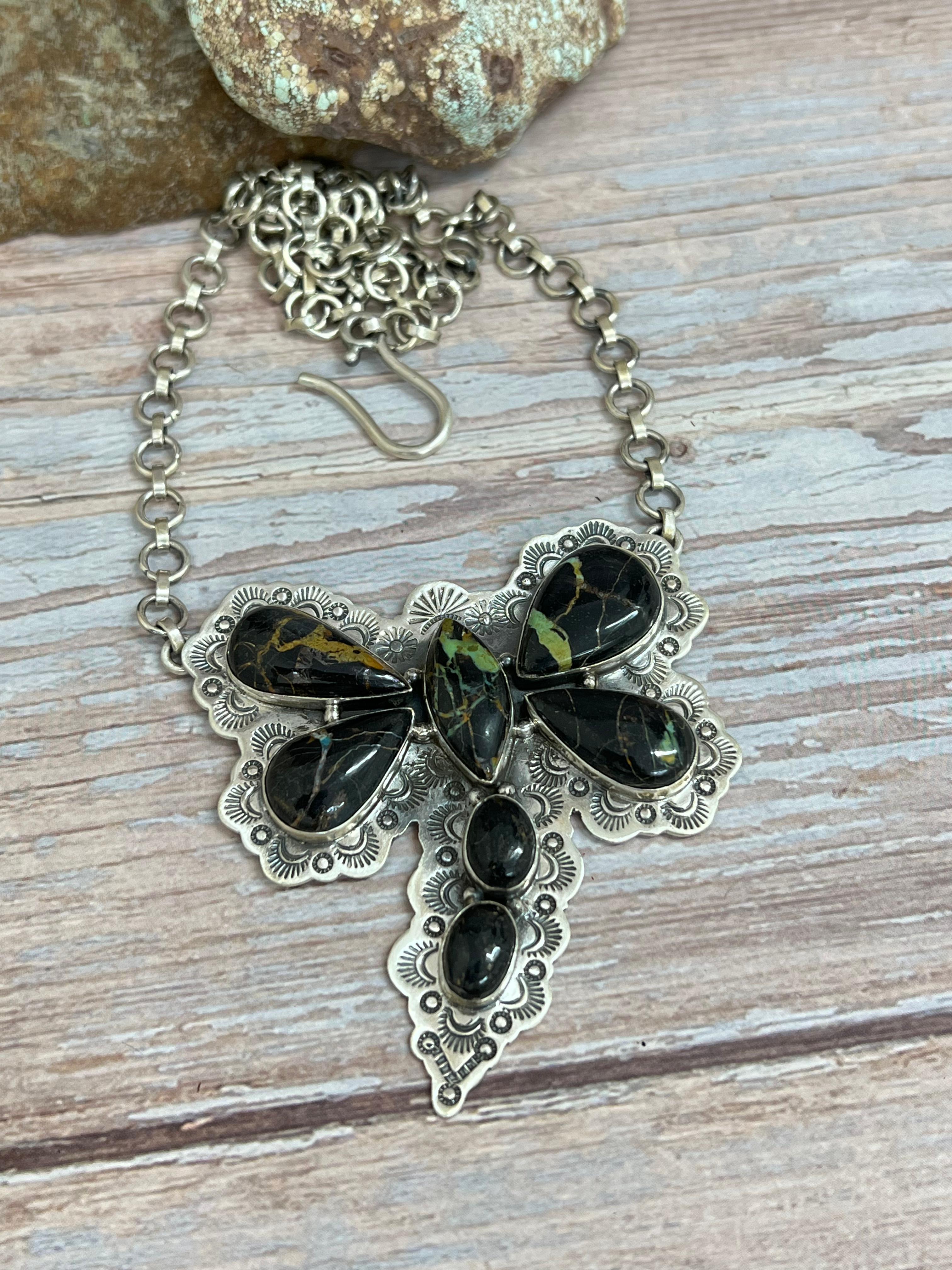 Handmade Sterling Silver Blackjack Turquoise Butterfly Necklace with Signed Nizhoni