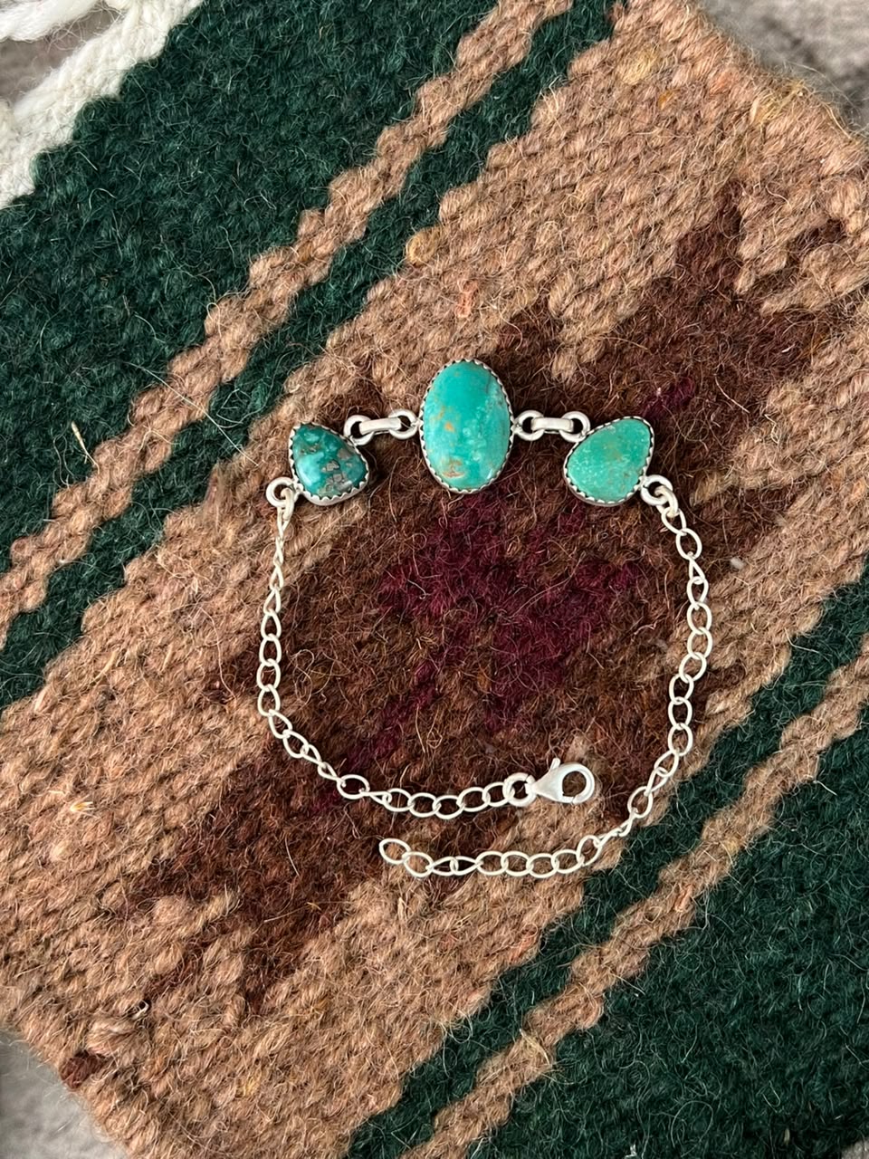 Handmade Sterling Silver Pilot Mountain Turquoise Chain Bracelet Signed Nizhoni