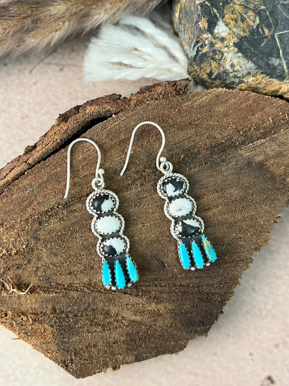 Handmade Sterling Silver Kingman Turquoise with White Buffalo Hook Dangle Earrings Signed Nizhoni