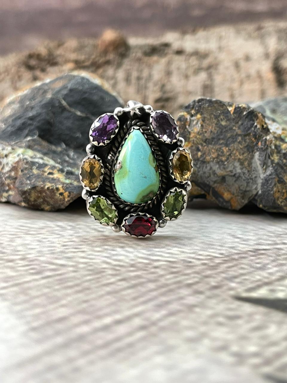 Handmade Sterling Silver Sonoran with Cut Stones Adjustable Ring "Signed Nizhoni"