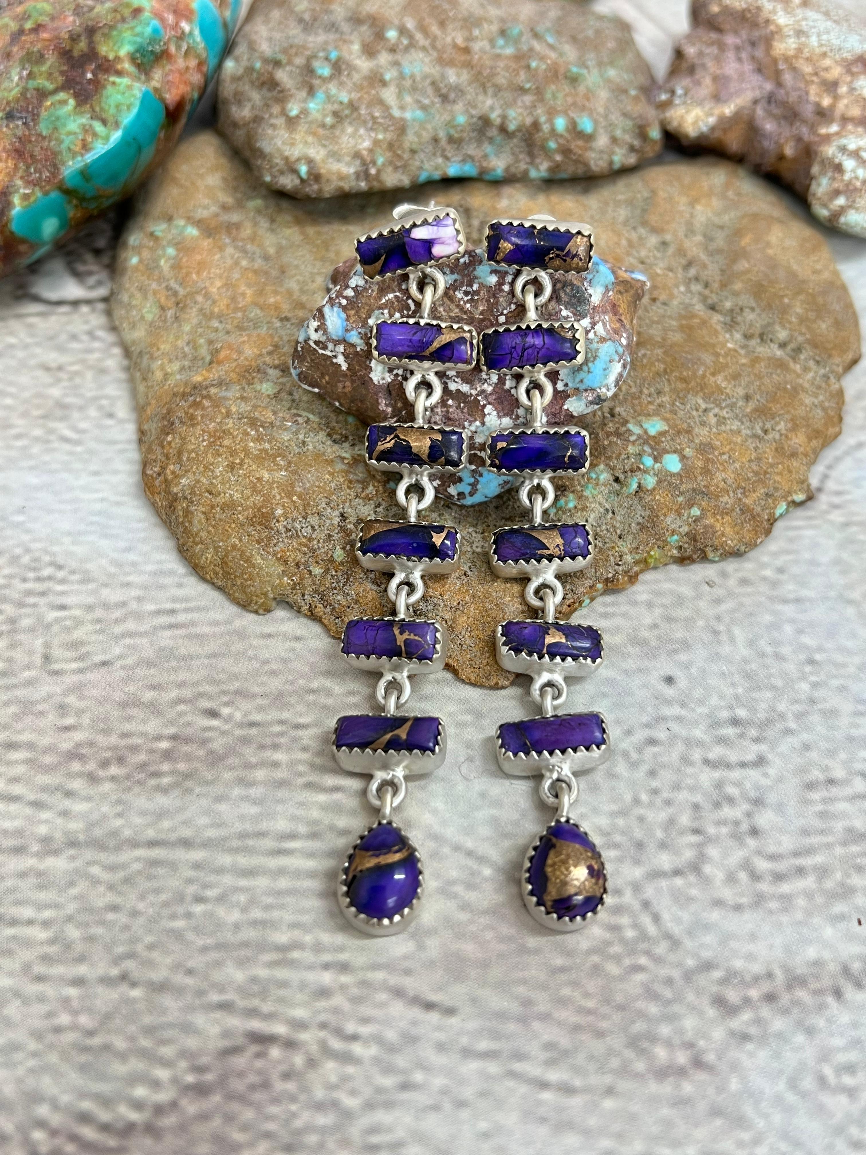 Handmade Sterling Silver Grape Dahlia Dangle Earrings with Signed Nizhoni