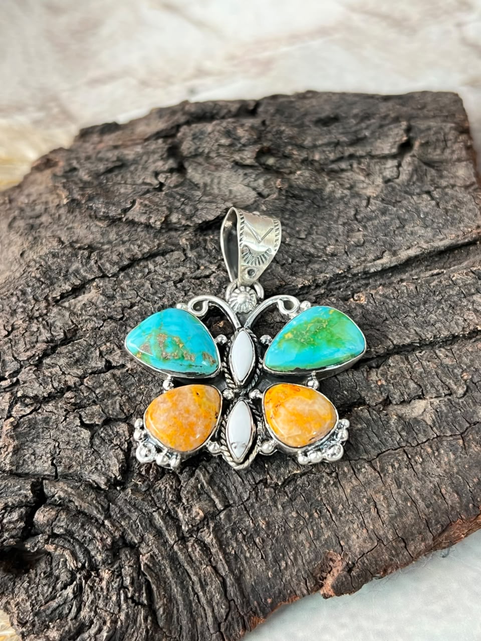 Handmade Sterling Silver Sonoran Mountain Turquoise with Bumblebee and White Buffalo Spring Collection: Butterfly Pendant Signed Nizhoni