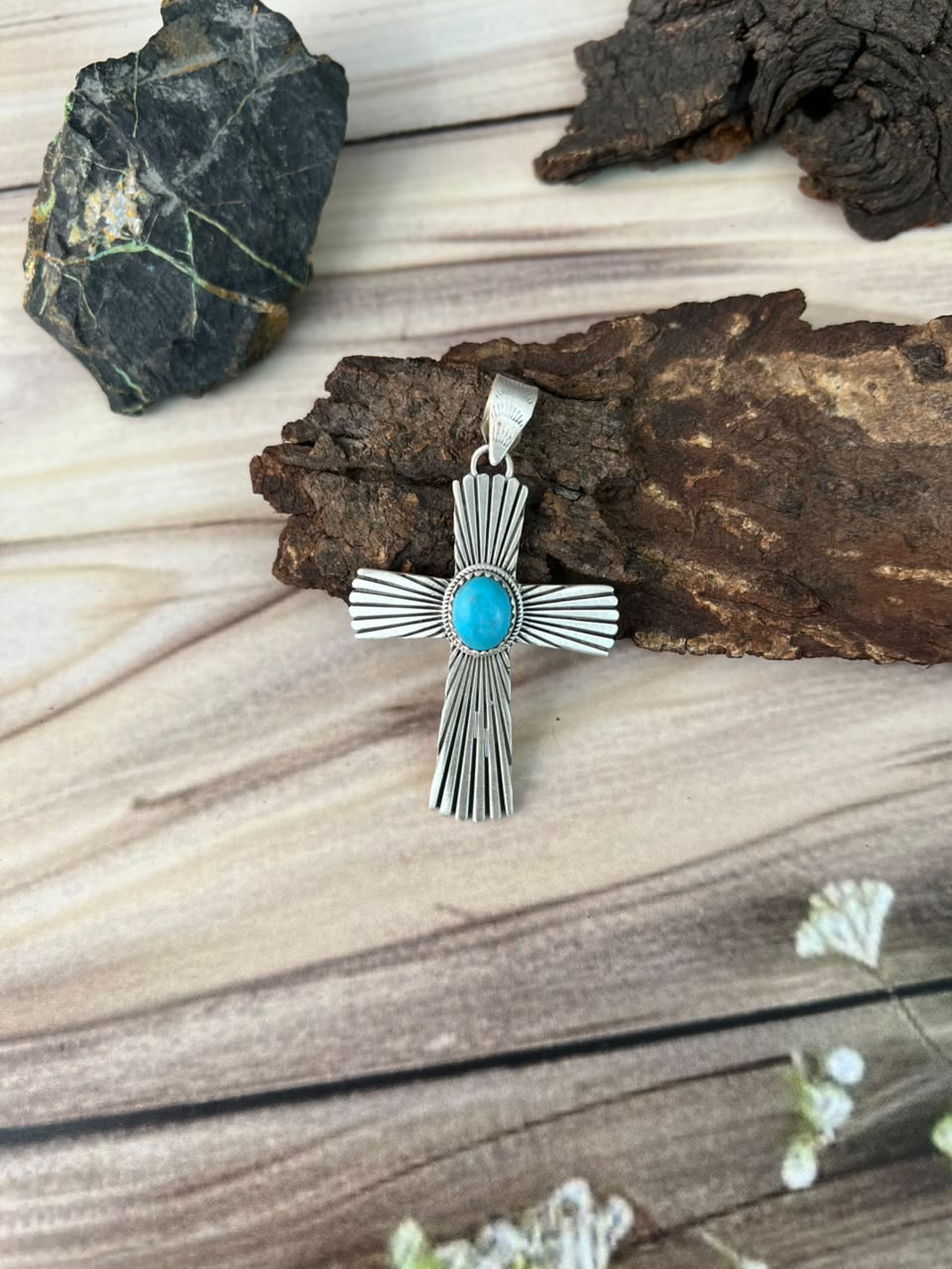 Handmade Sterling Silver Kingman Turquoise Cross Pendant Signed Nizhoni