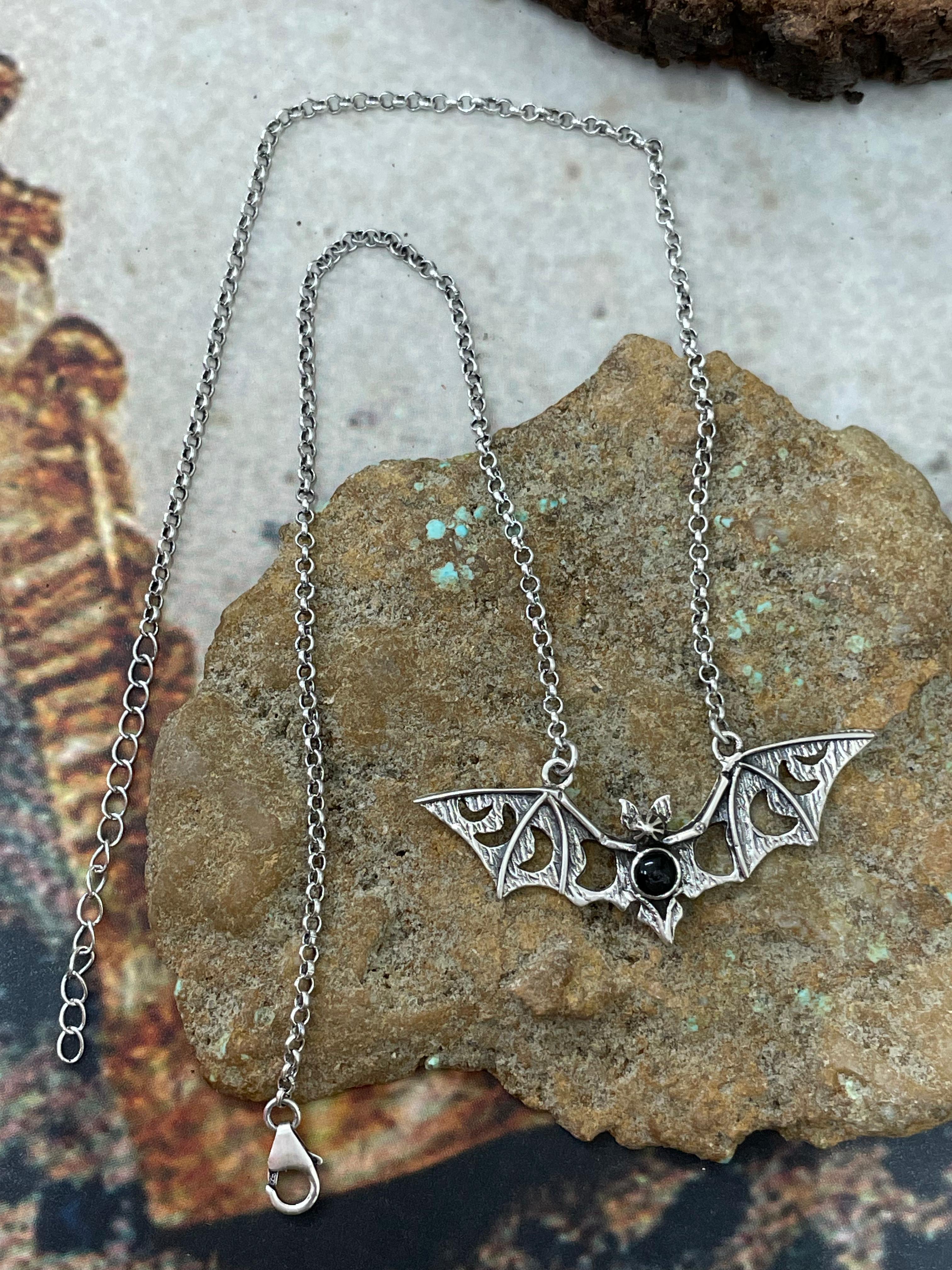 "Halloween Collection" Handmade Sterling Silver Black Onyx Bat Necklace with Signed Nizhoni