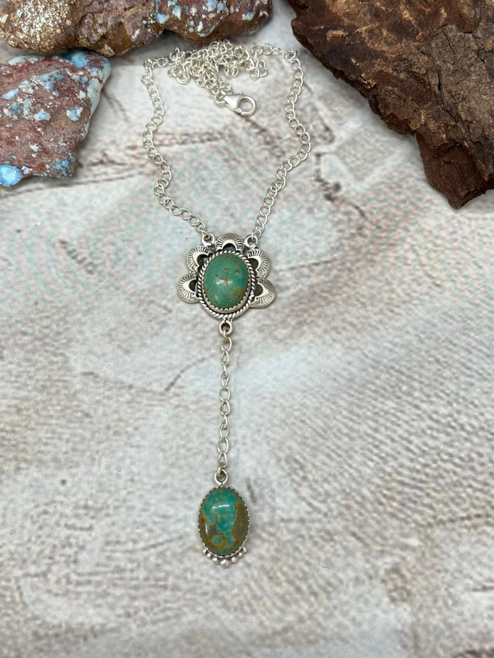 Handmade Sterling Silver Old Stock Royston Turquoise Necklace with Signed Nizhoni