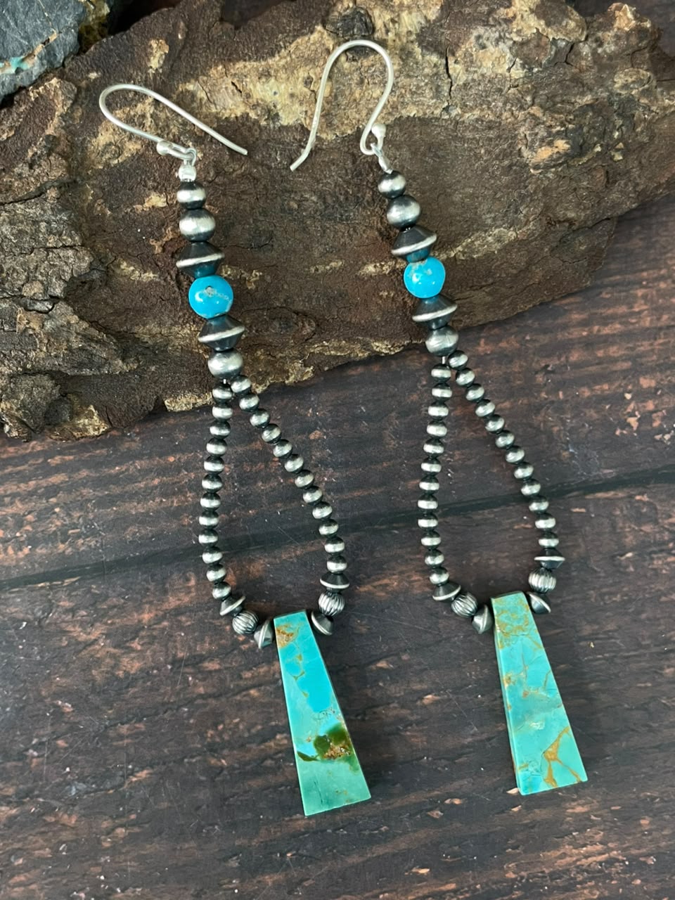Handmade Sterling Silver Kingman Turquoise Hook Dangle Beaded Earrings