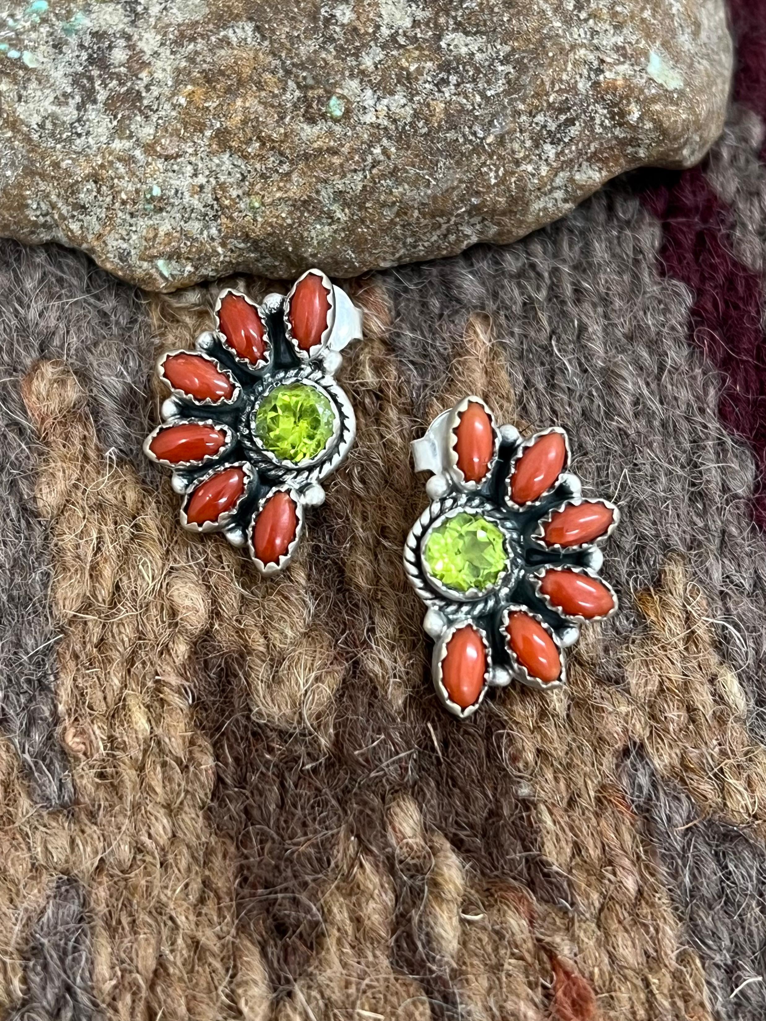 Christmas Collection Handmade Sterling Silver Coral with Peridot Post Studs, Signed Nizhoni