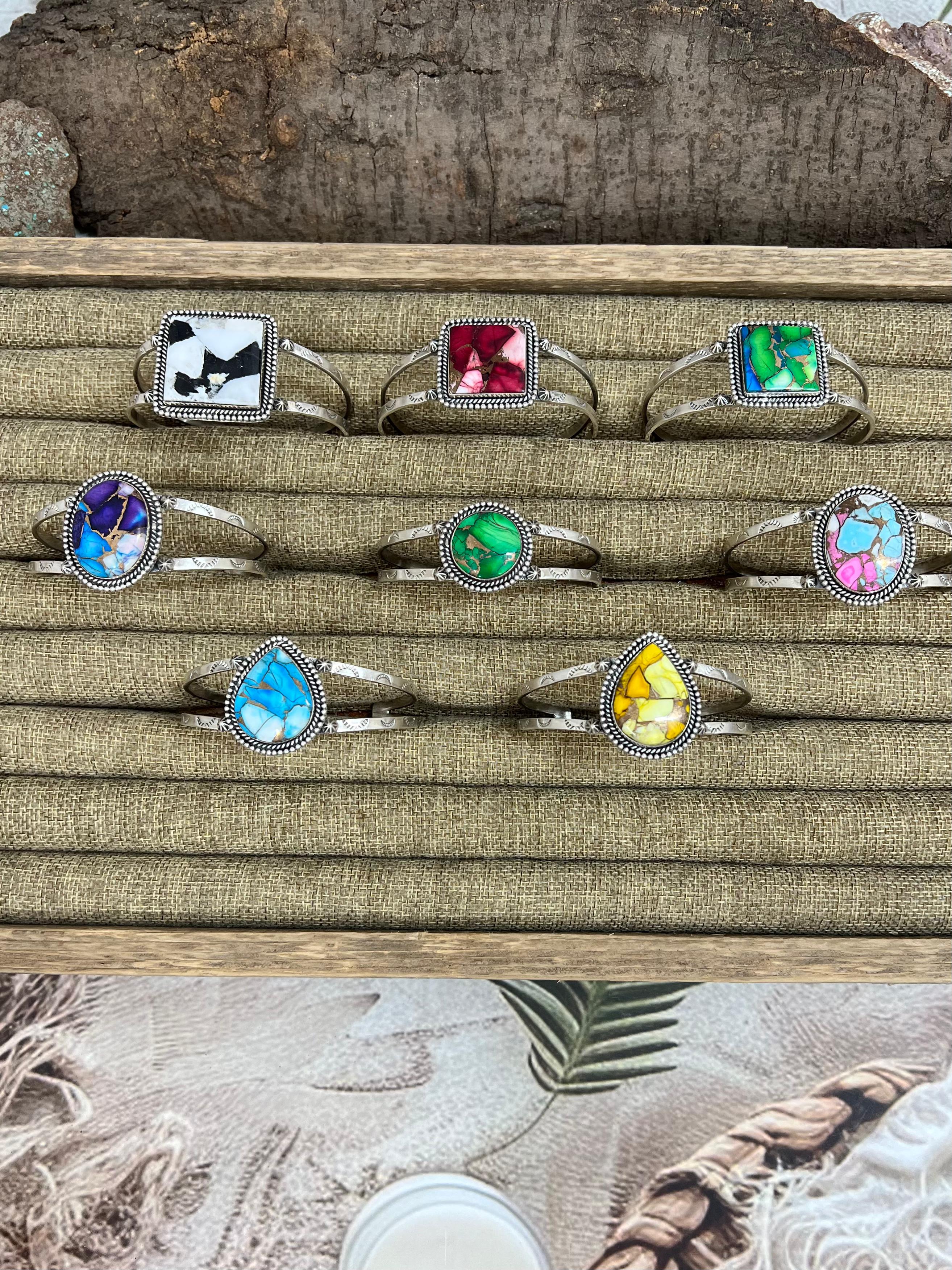 Handmade Sterling Silver Multi Stone Cuff Bracelet with Signed Nizhoni (1)