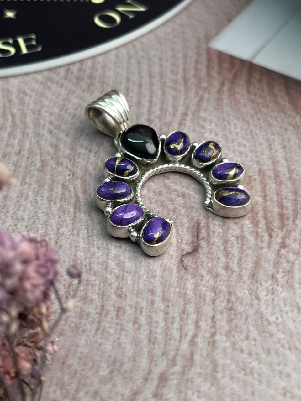 Handmade Sterling Silver Grape Dahlia with Black Onyx Halloween Collection: Naja Pendant Signed Nizhoni
