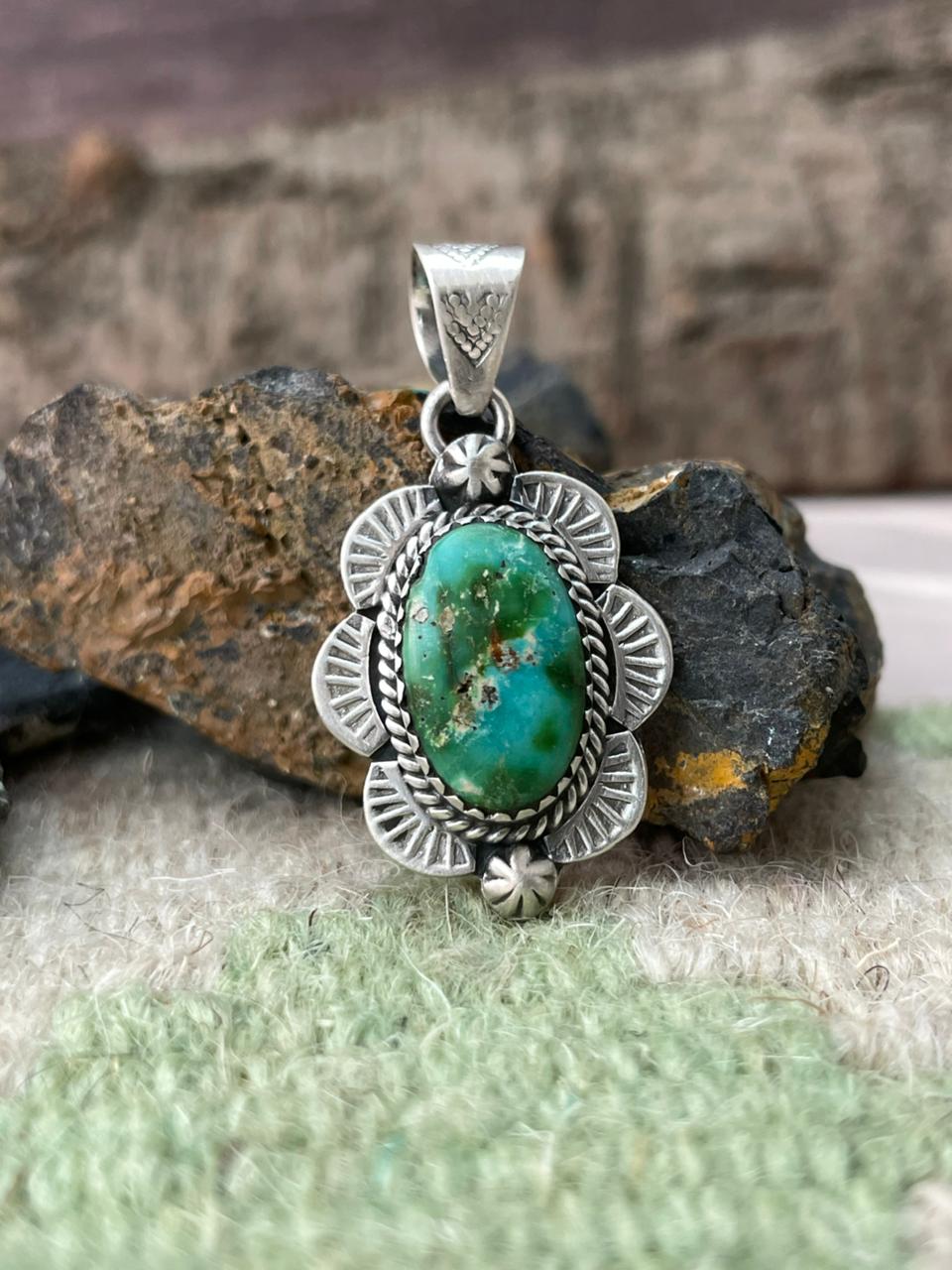 Handmade Sterling Silver Sonoran Mountain Turquoise Pendant "Signed Nizhoni"