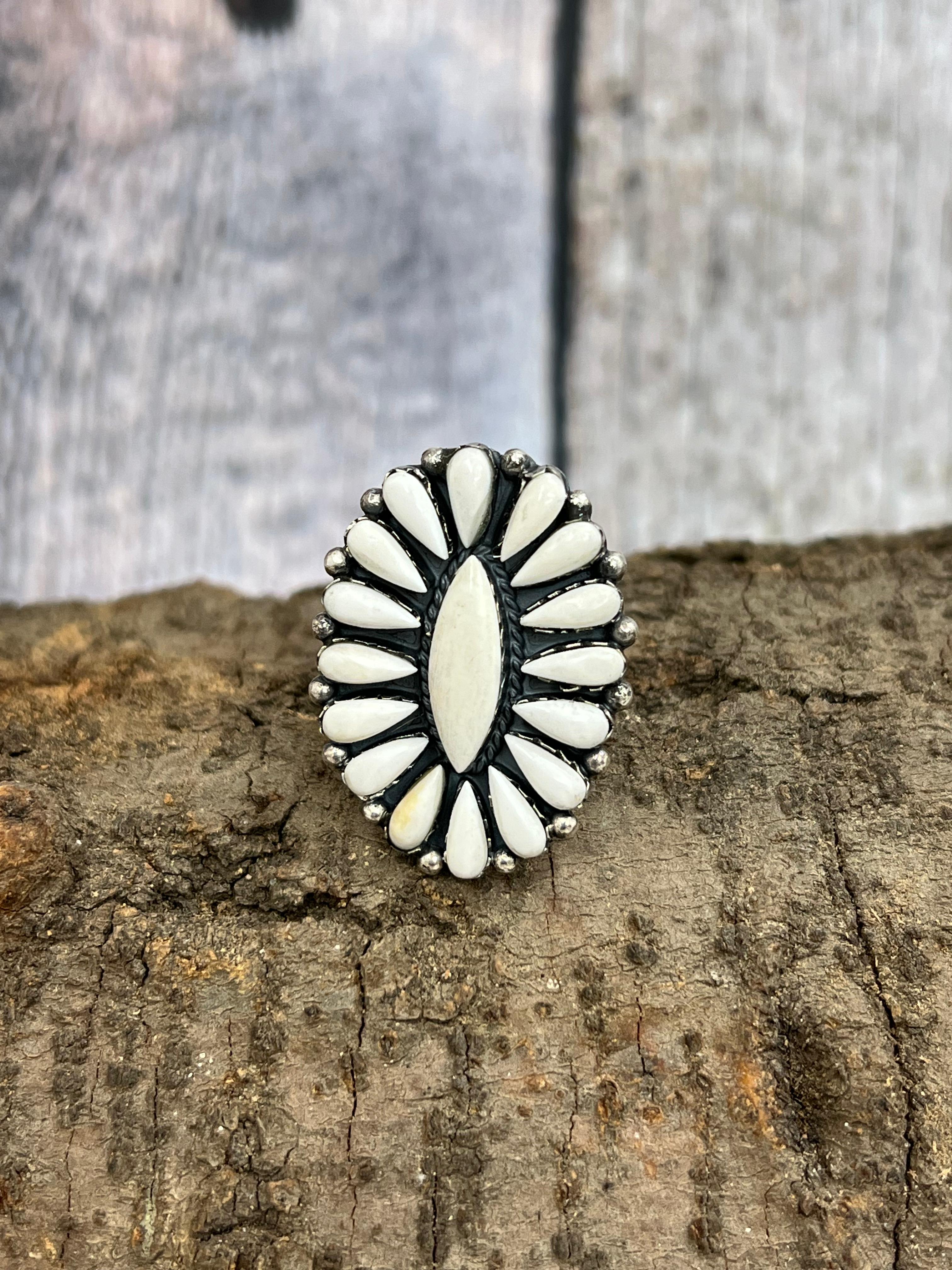 Handmade Sterling Silver White Buffalo Turquoise Adjustable Ring with Signed Nizhoni