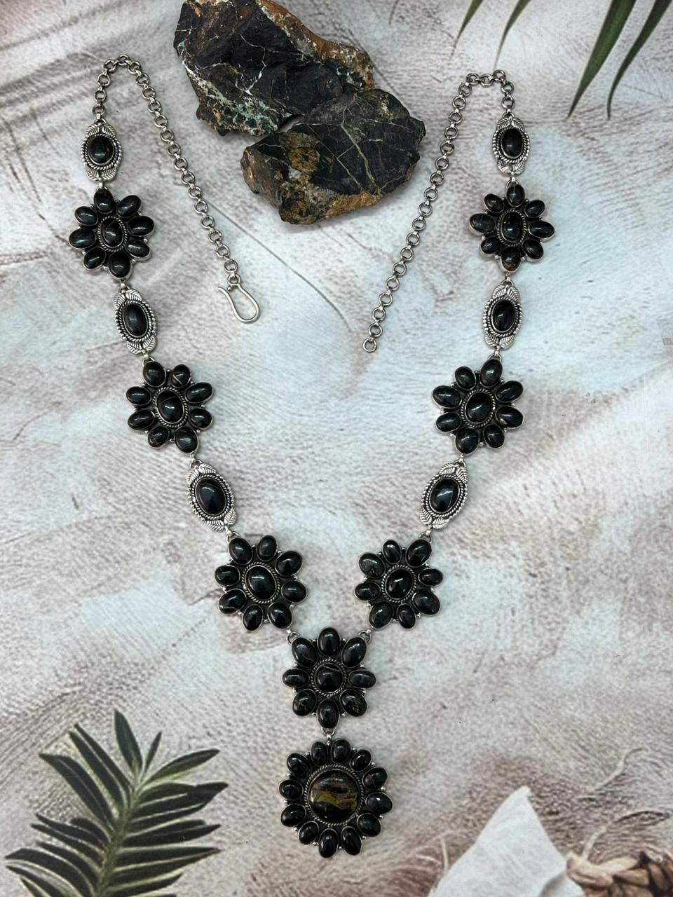 Handmade Sterling Silver Blackjack Turquoise Drop Necklace "Signed Nizhoni"