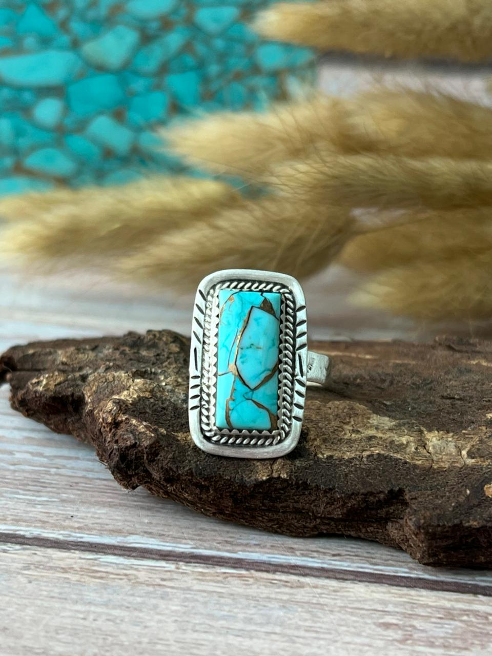 Handmade Sterling Silver Mint Dahlia Collection: Adjustable Bar Ring "Signed Nizhoni" (5)