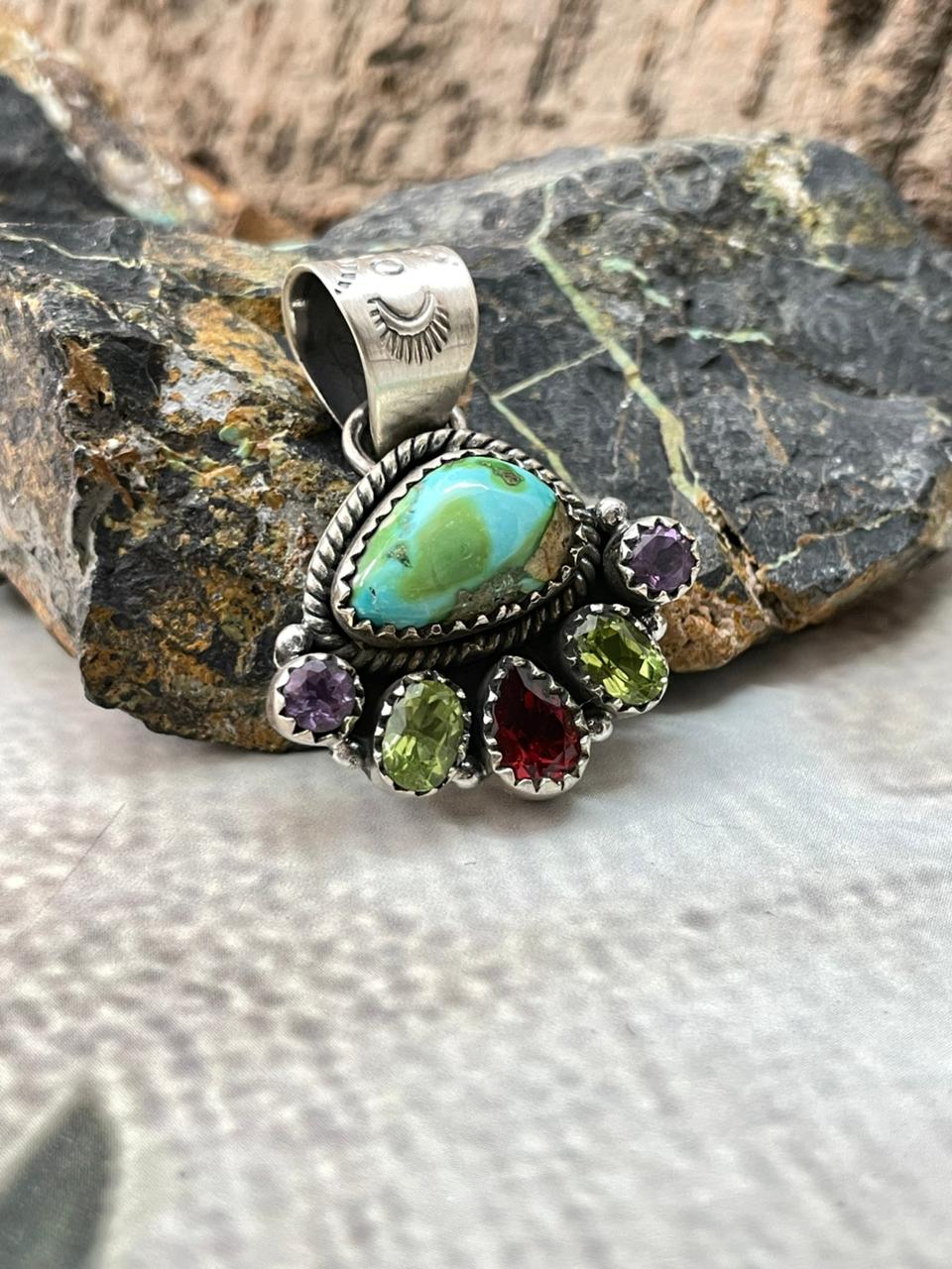 Handmade Sterling Silver Sonoran with Cut Stones Pendant "Signed Nizhoni"