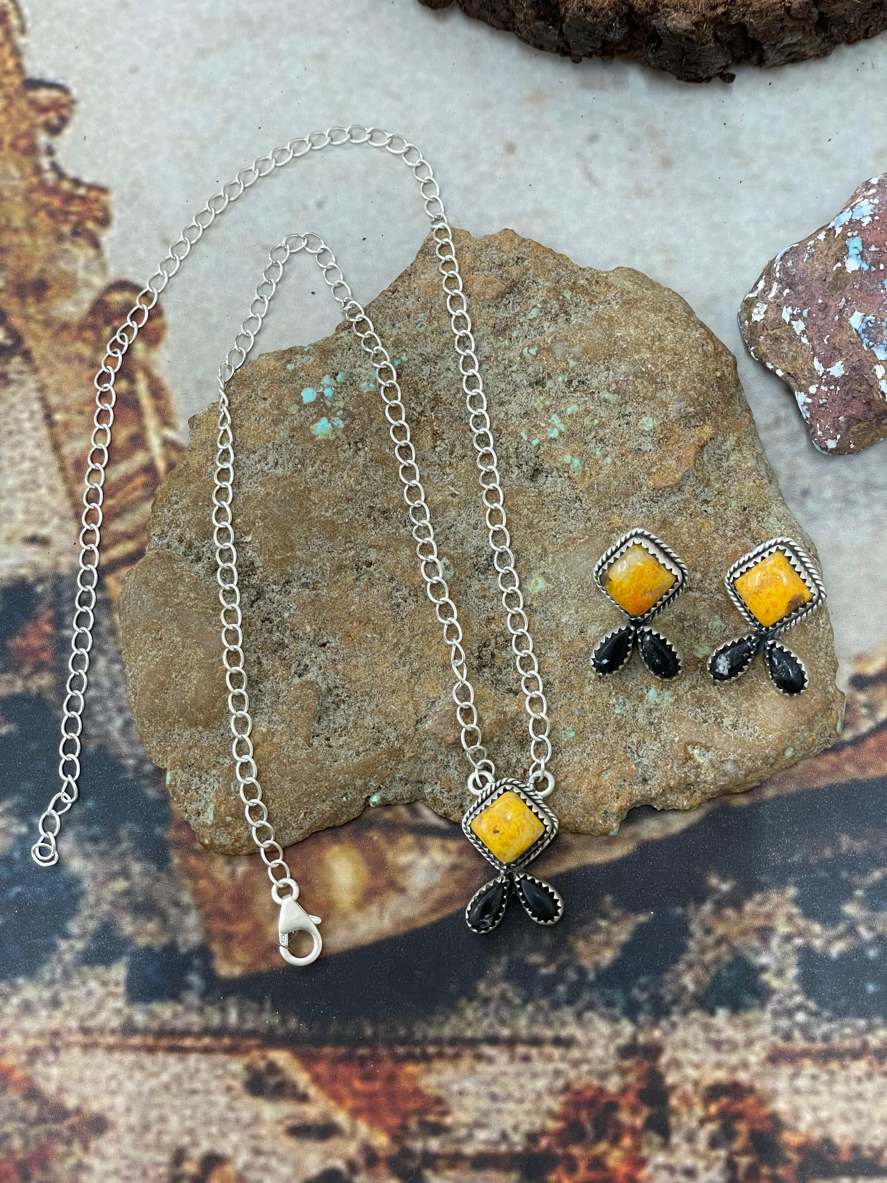 "Halloween Collection" Handmade Sterling Silver Black Onyx, Bumblebee Necklace Earring Set, Signed Nizhoni