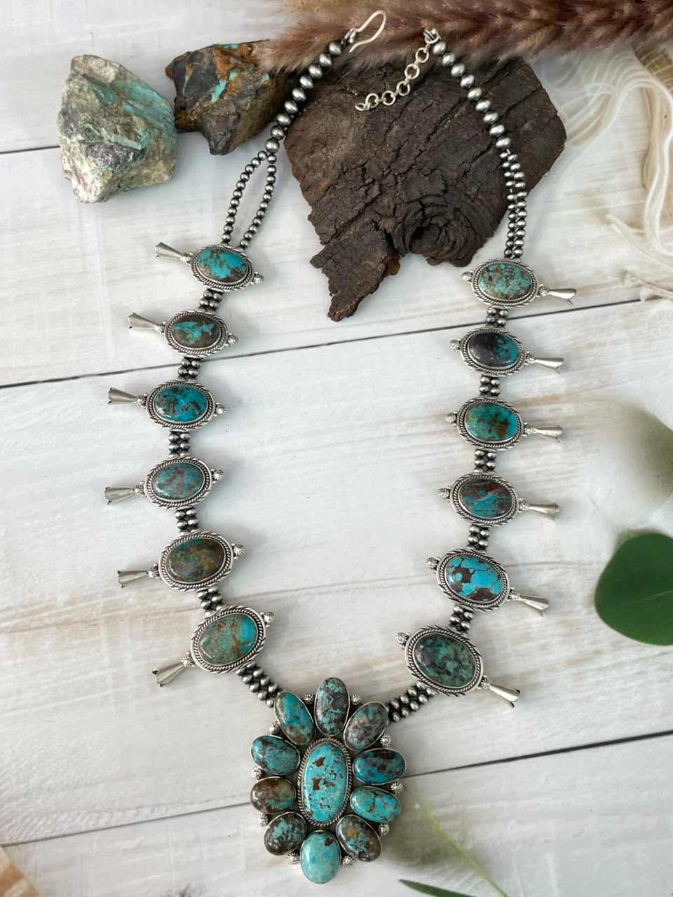 Handmade Sterling Silver Crimson Cowgirl Turquoise Collection: Beaded Squash Blossom Necklace Signed Nizhoni