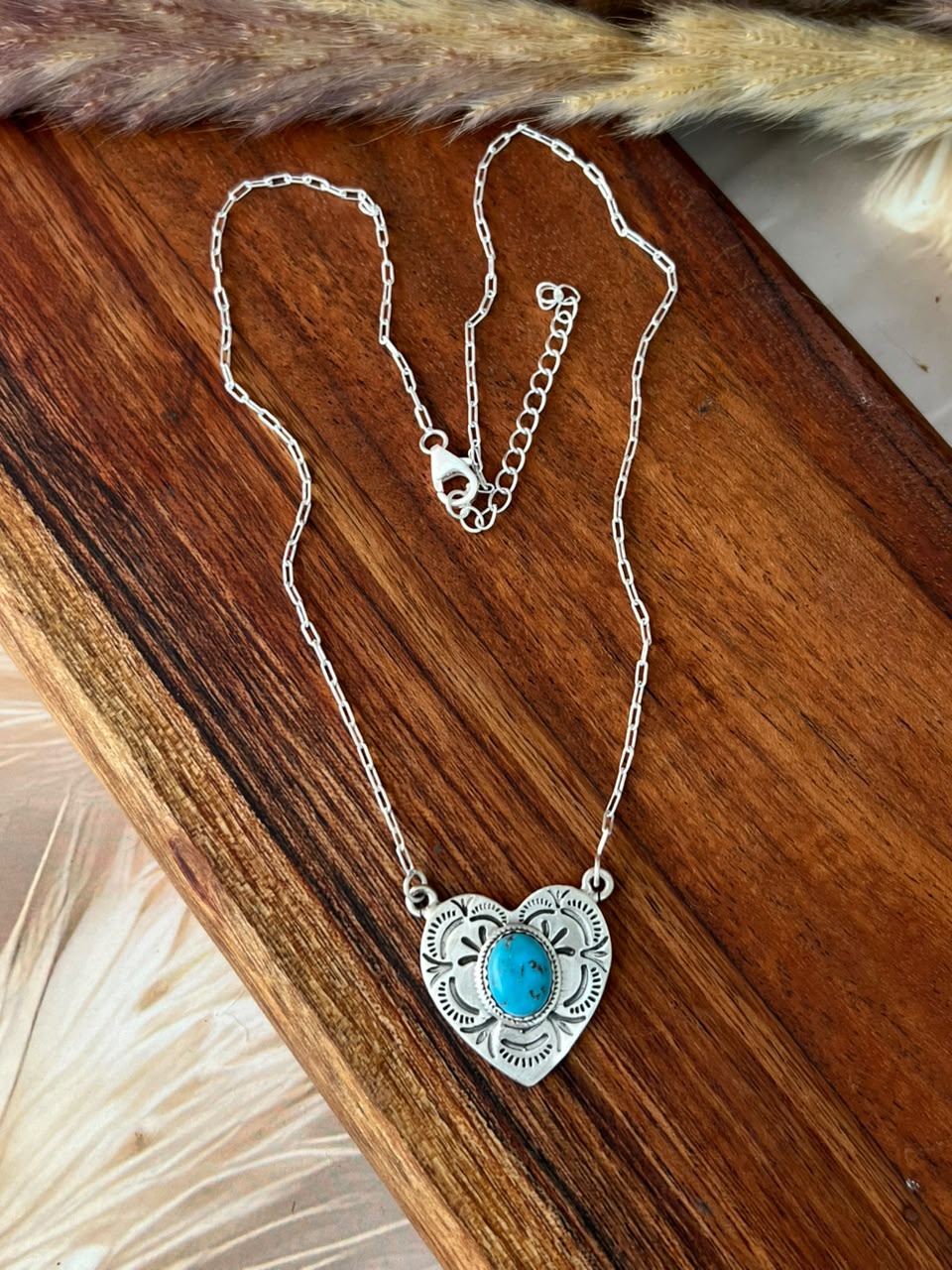 Handmade Sterling Silver Kingman Turquoise Heart Necklace Signed Nizhoni