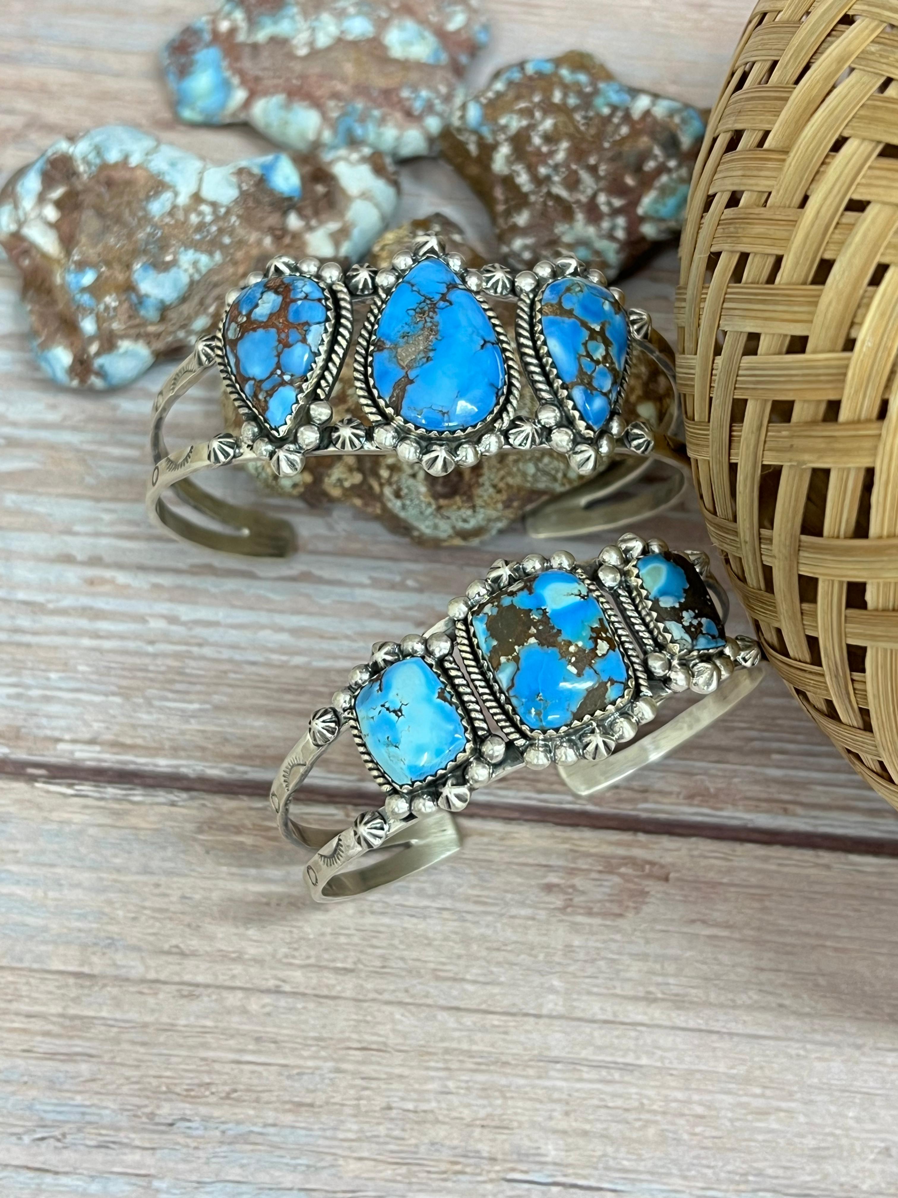 Handmade Sterling Silver Golden Hills Turquoise Cuff Bracelet with Signed Nizhoni /