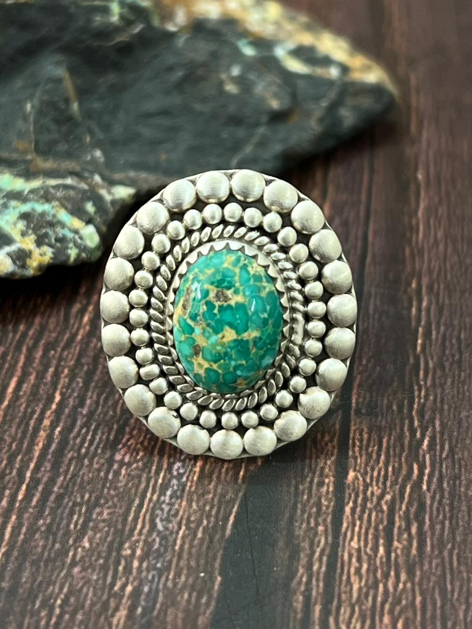 Handmade Sterling Silver Emerald Valley Adjustable Ring "Singed Nizhoni"